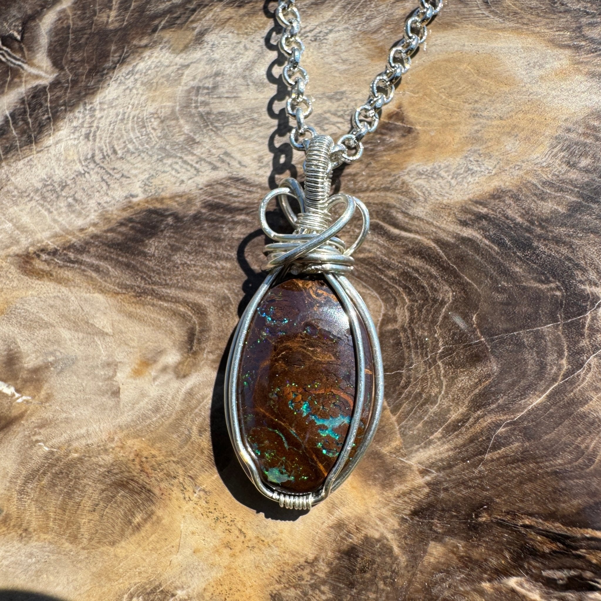 Hawkesbury Flow ~ 12ct Solid Queensland Boulder Opal 925 Sterling Silver Wire Wrap Pendant