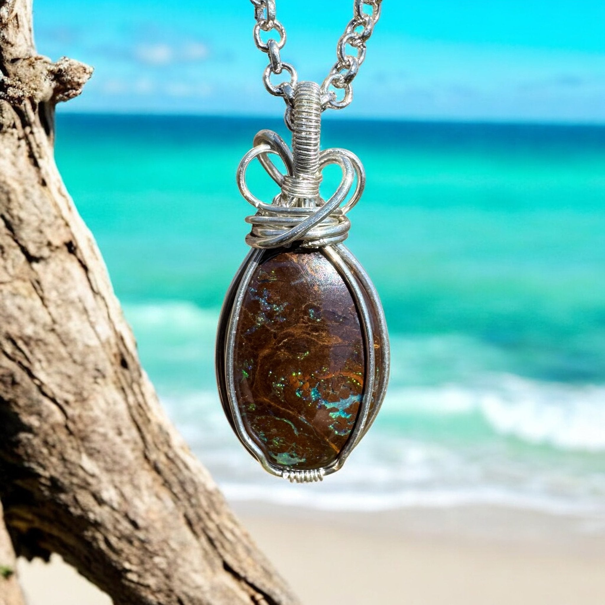 Hawkesbury Flow ~ 12ct Solid Queensland Boulder Opal 925 Sterling Silver Wire Wrap Pendant