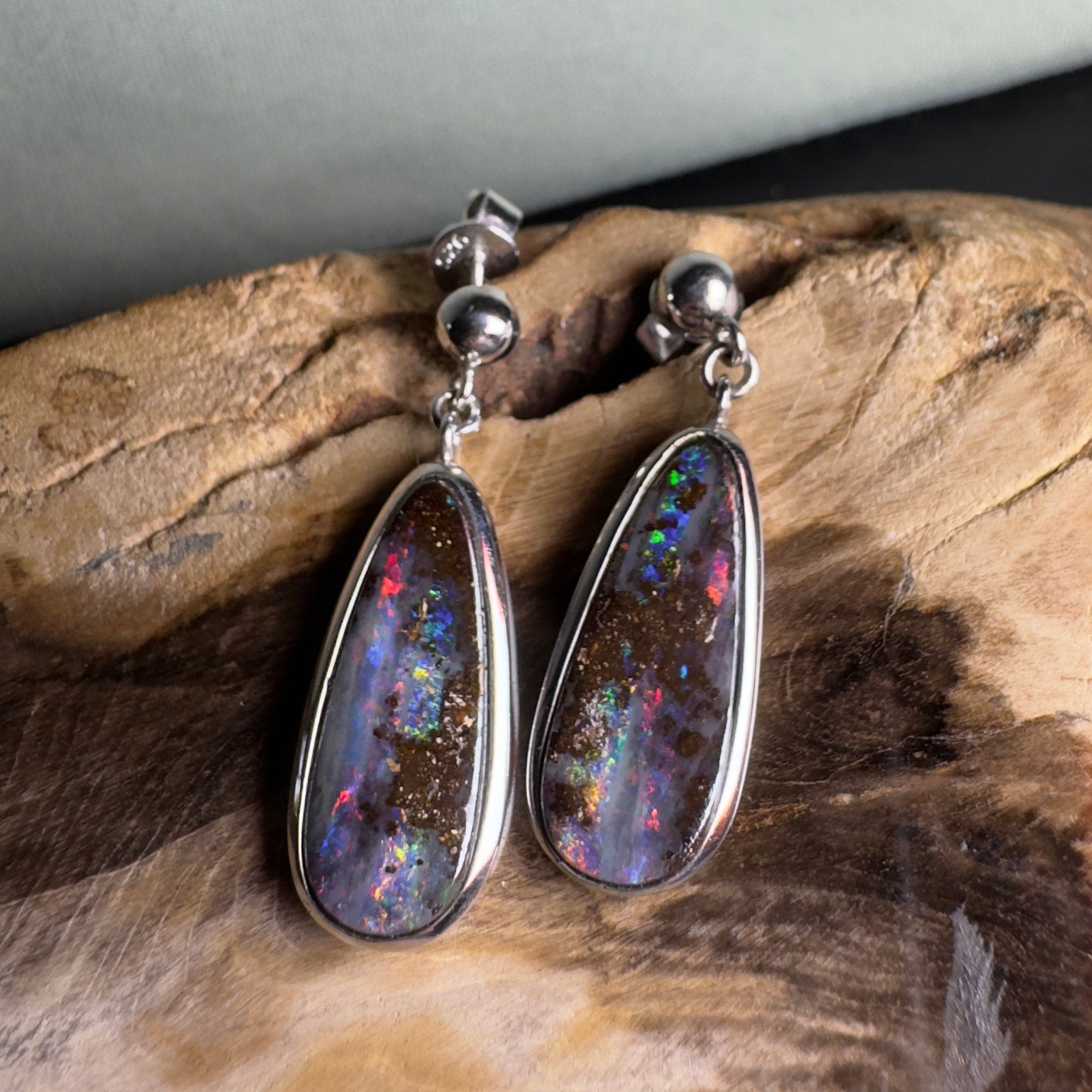 Ironstone Tides ~ Handcrafted 9.8ct Solid Queensland Boulder Opal 925 Silver Earrings