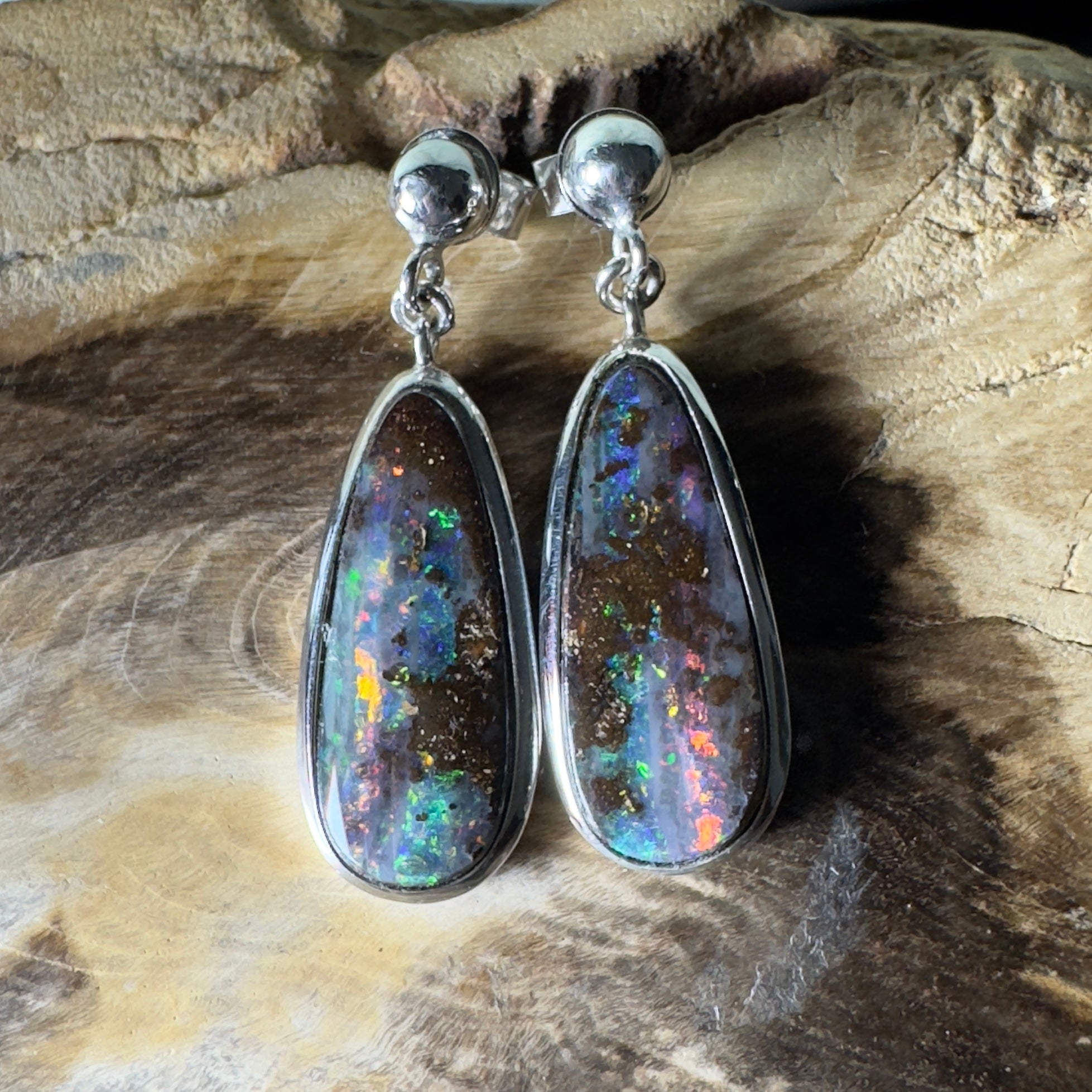 Ironstone Tides ~ Handcrafted 9.8ct Solid Queensland Boulder Opal 925 Silver Earrings