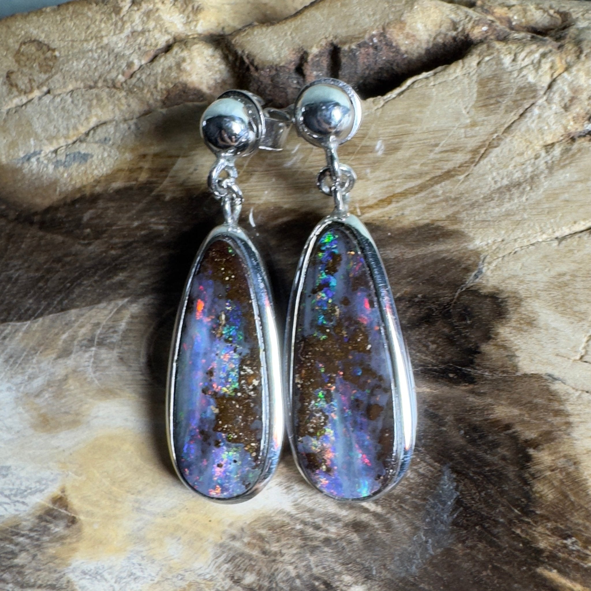 Ironstone Tides ~ Handcrafted 9.8ct Solid Queensland Boulder Opal 925 Silver Earrings