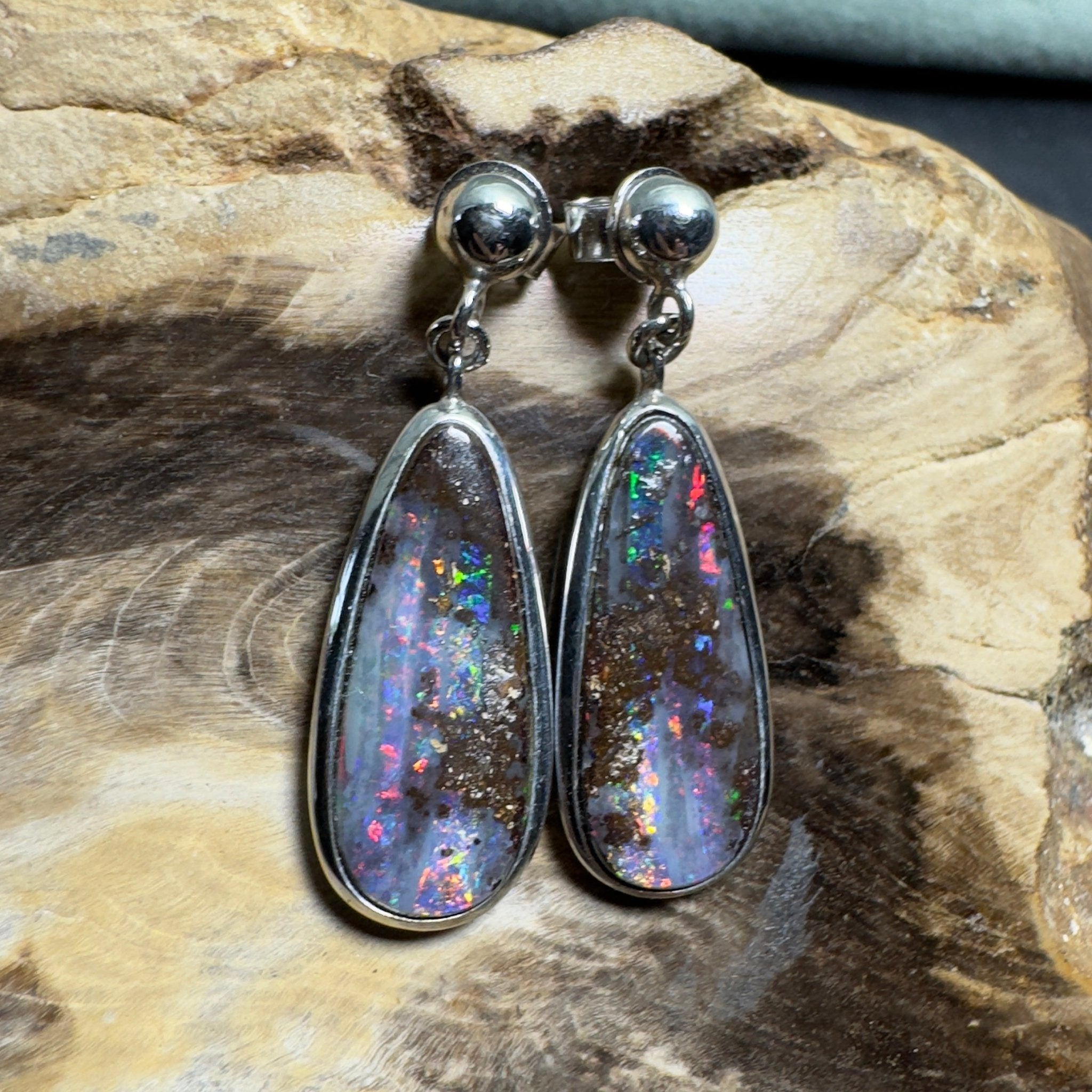 Ironstone Tides ~ Handcrafted 9.8ct Solid Queensland Boulder Opal 925 Silver Earrings