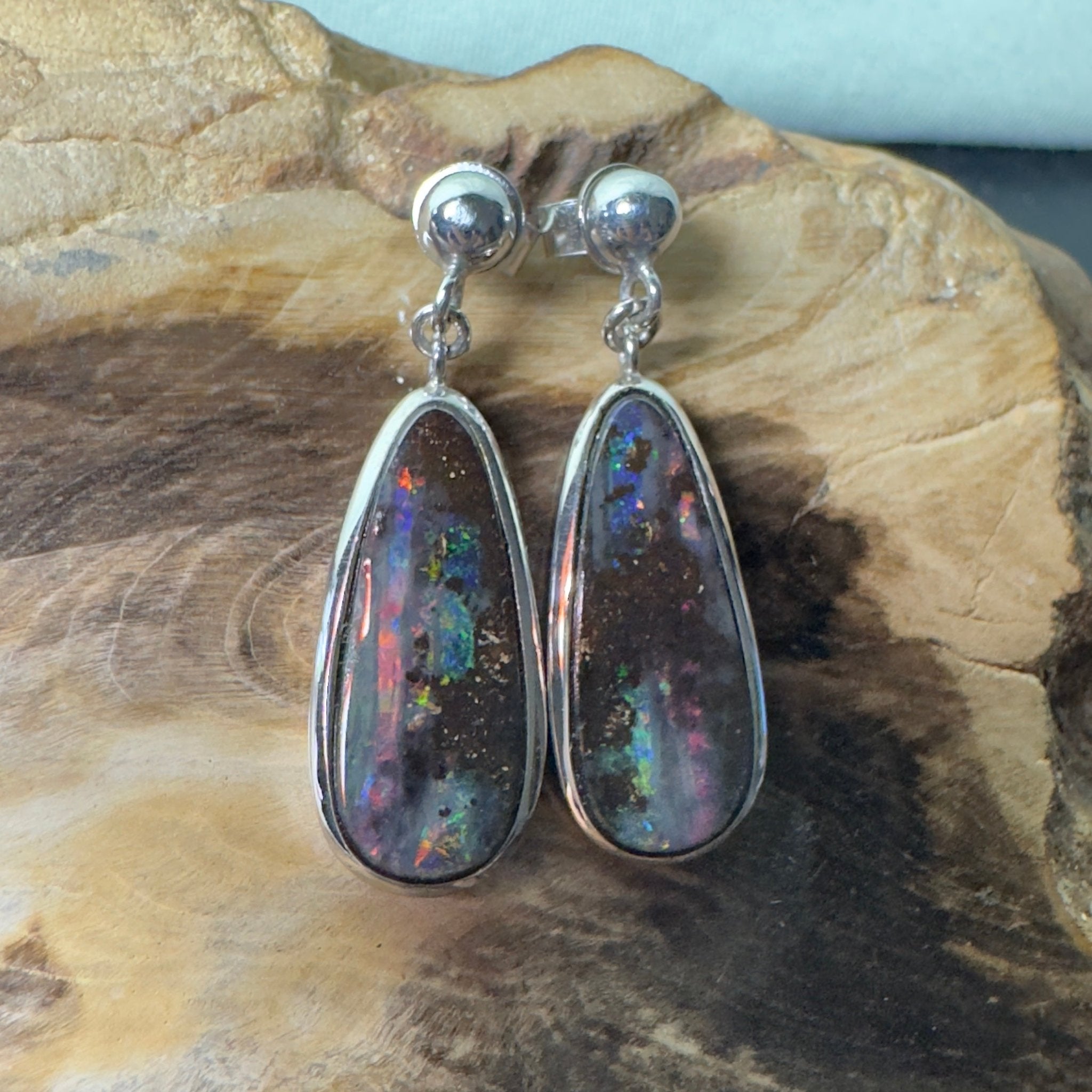 Ironstone Tides ~ Handcrafted 9.8ct Solid Queensland Boulder Opal 925 Silver Earrings