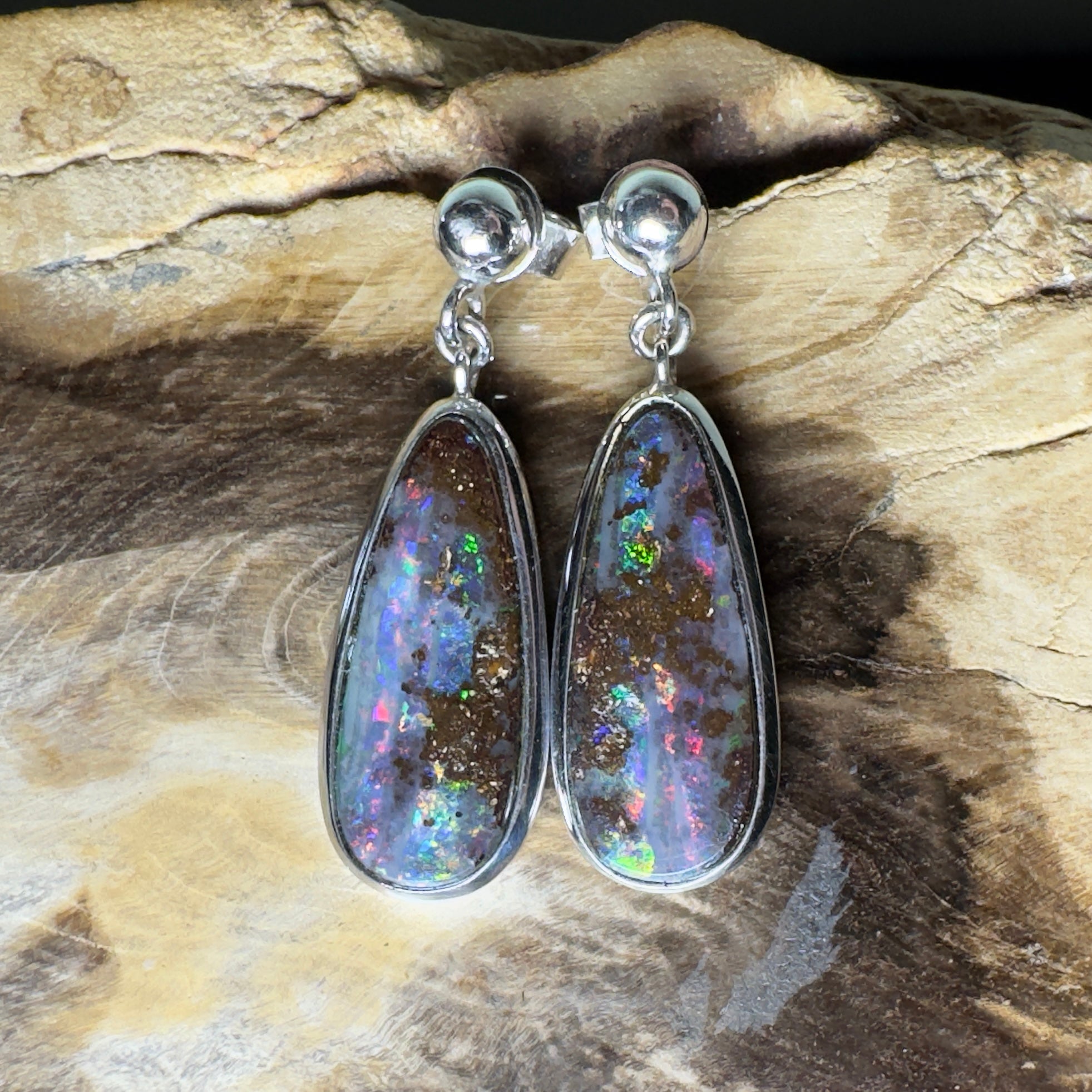 Ironstone Tides ~ Handcrafted 9.8ct Solid Queensland Boulder Opal 925 Silver Earrings