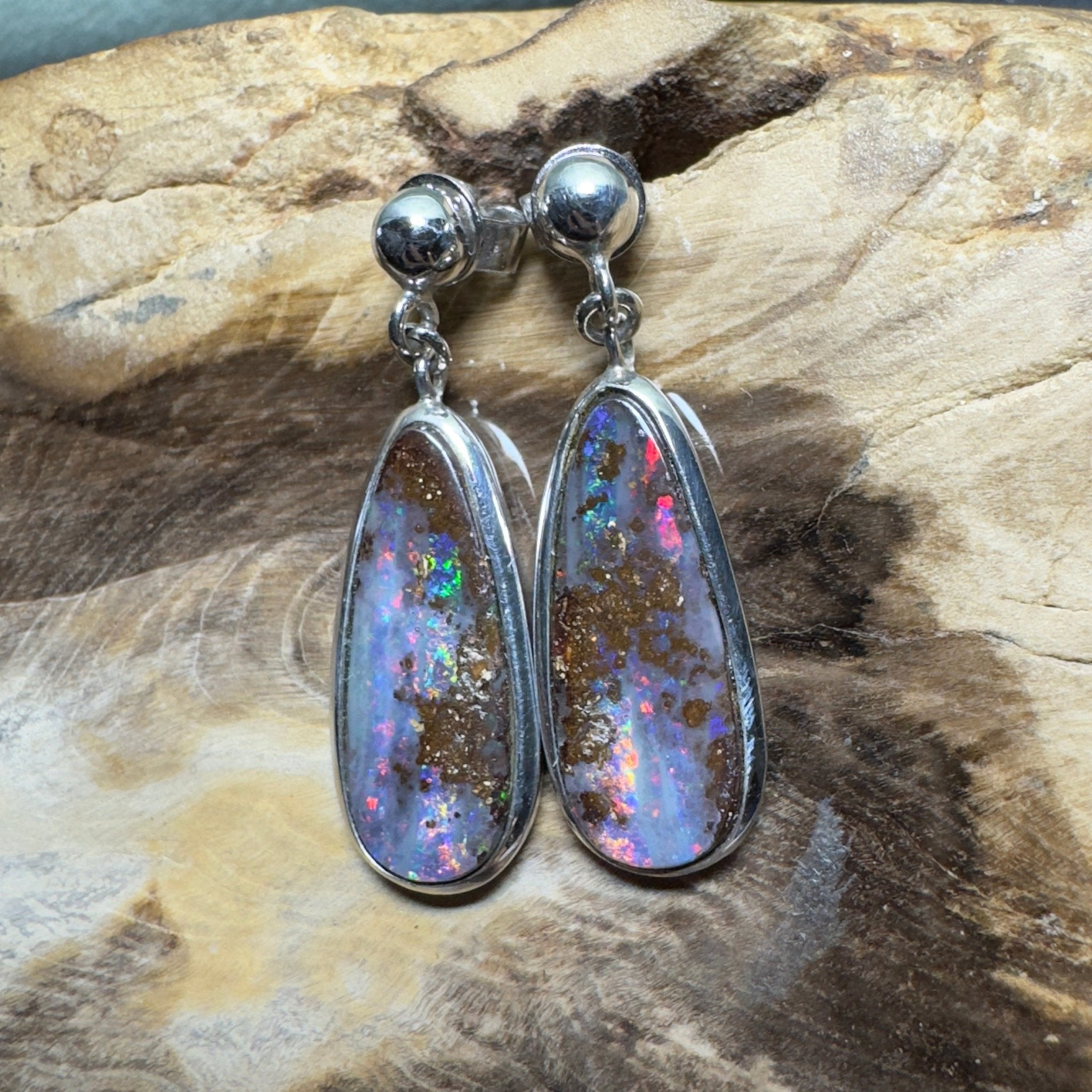 Ironstone Tides ~ Handcrafted 9.8ct Solid Queensland Boulder Opal 925 Silver Earrings