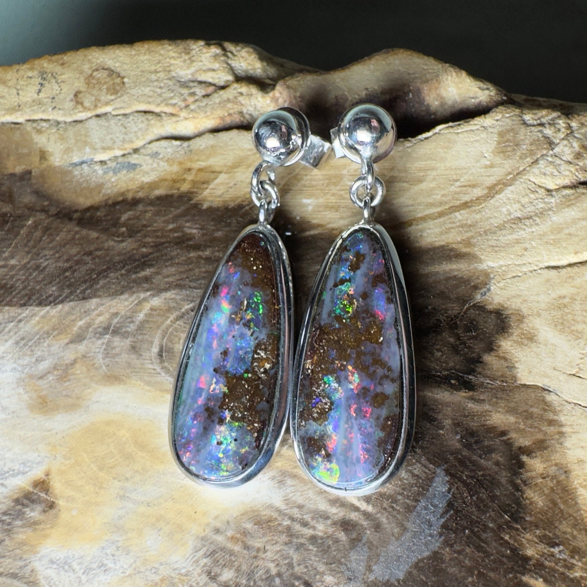 Ironstone Tides ~ Handcrafted 9.8ct Solid Queensland Boulder Opal 925 Silver Earrings