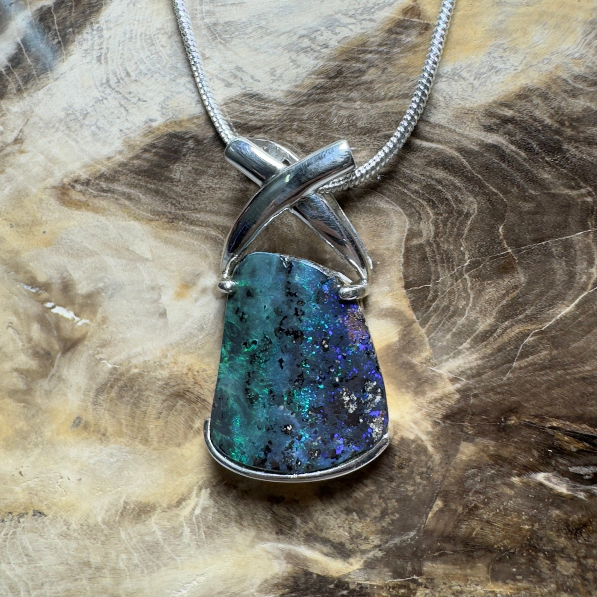Isa Range Skyline ~ Queensland Boulder Opal 925 Sterling Silver Pendant Necklace