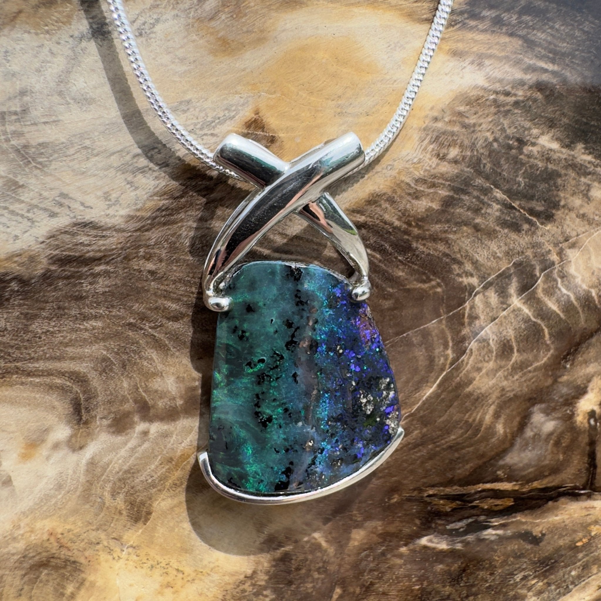 Isa Range Skyline ~ Queensland Boulder Opal 925 Sterling Silver Pendant Necklace