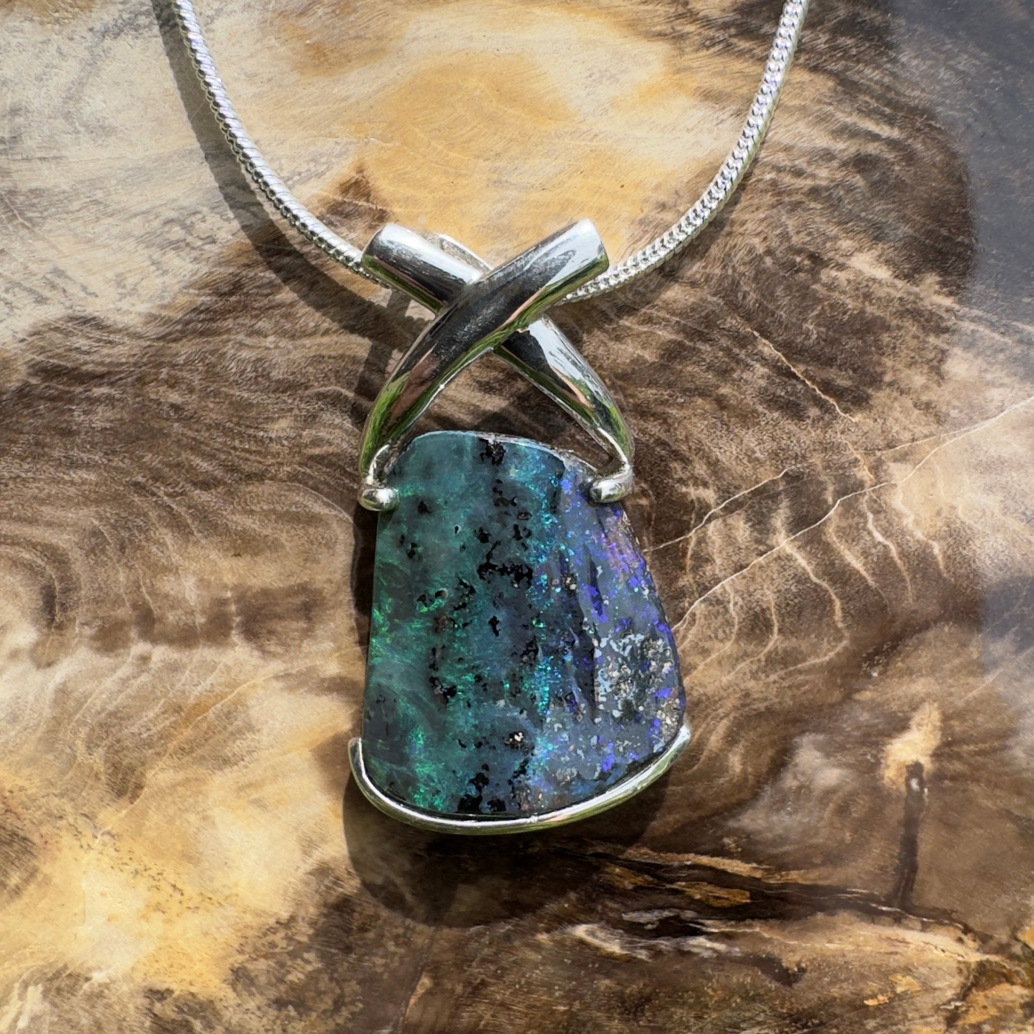 Isa Range Skyline ~ Queensland Boulder Opal 925 Sterling Silver Pendant Necklace