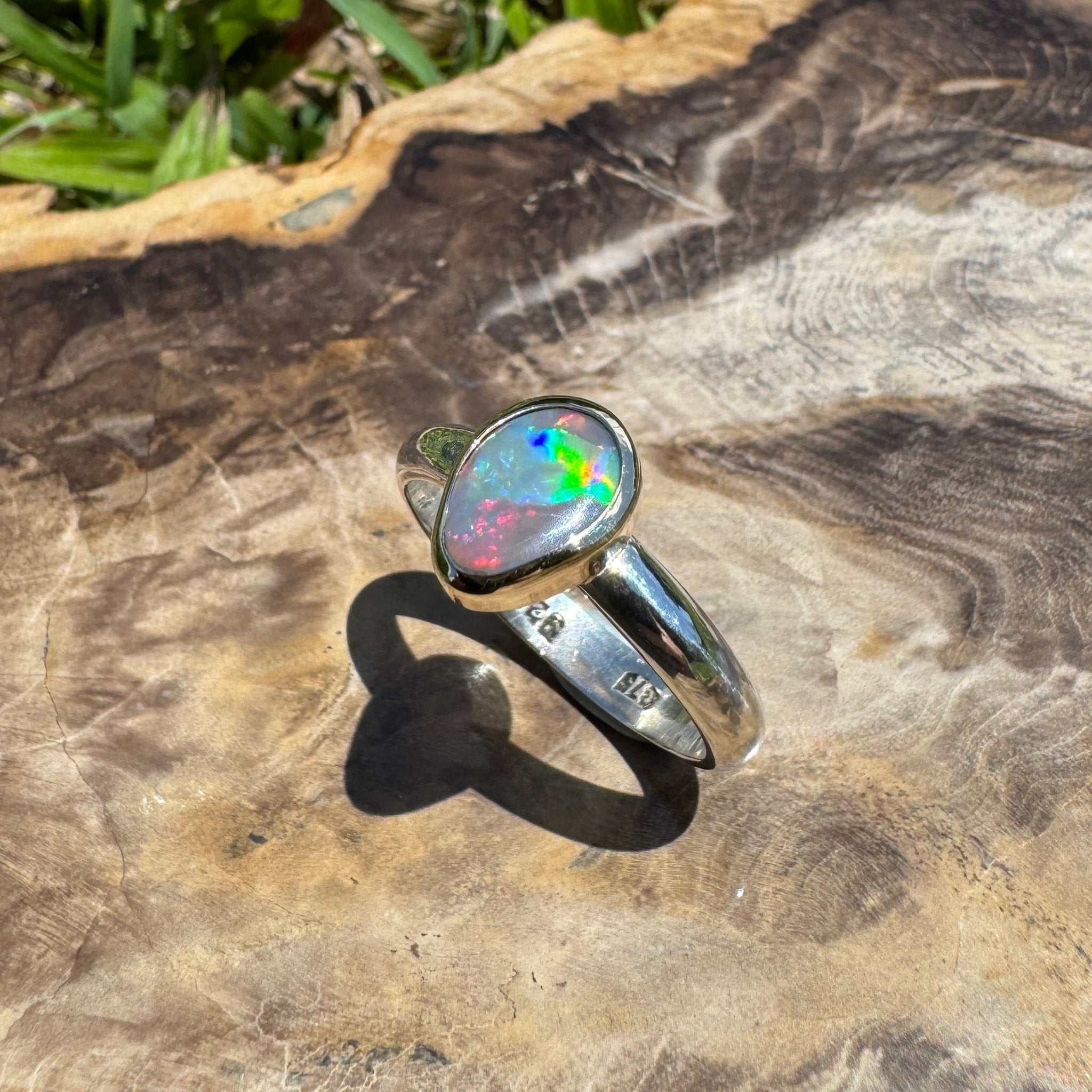 Jervis Bay Sunset - 0.6ct Solid Lightning Ridge Semi Black Opal Two - Tone 9ct Gold & 925 Sterling Silver Ring