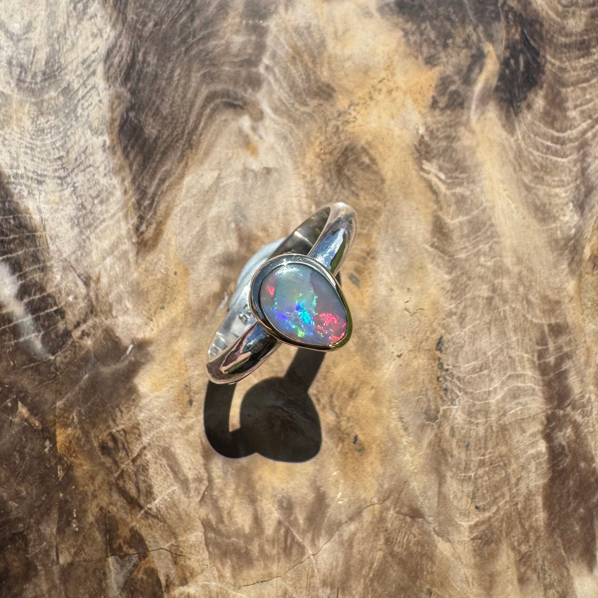 Jervis Bay Sunset - 0.6ct Solid Lightning Ridge Semi Black Opal Two - Tone 9ct Gold & 925 Sterling Silver Ring