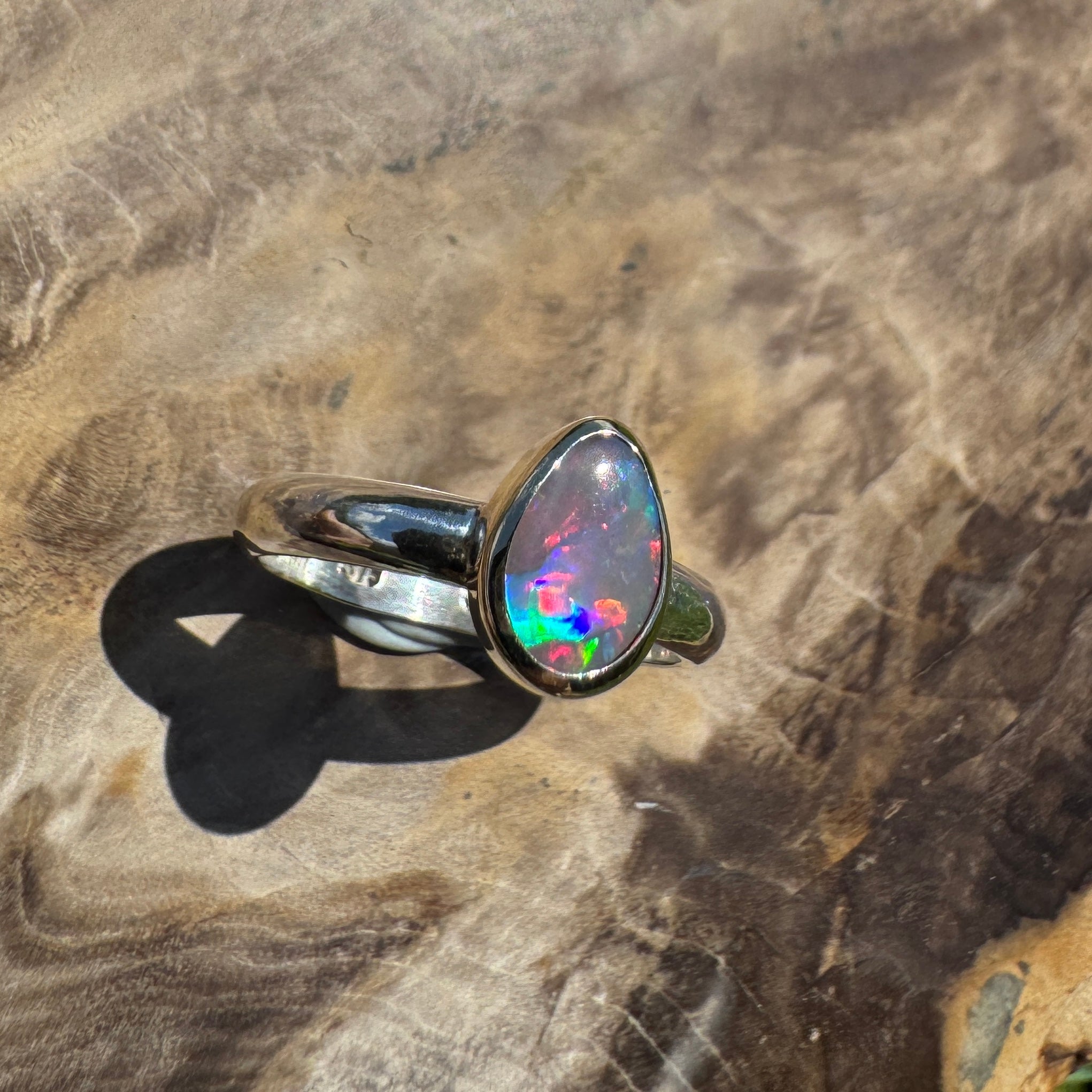 Jervis Bay Sunset - 0.6ct Solid Lightning Ridge Semi Black Opal Two - Tone 9ct Gold & 925 Sterling Silver Ring