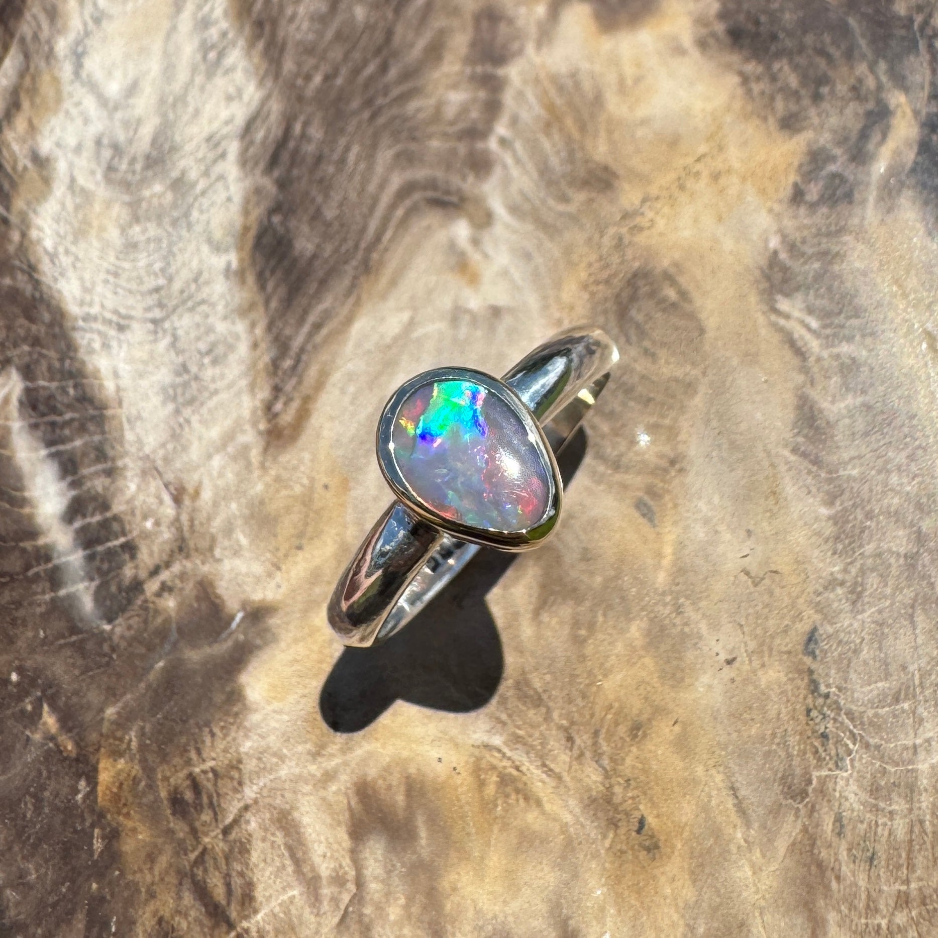 Jervis Bay Sunset - 0.6ct Solid Lightning Ridge Semi Black Opal Two - Tone 9ct Gold & 925 Sterling Silver Ring