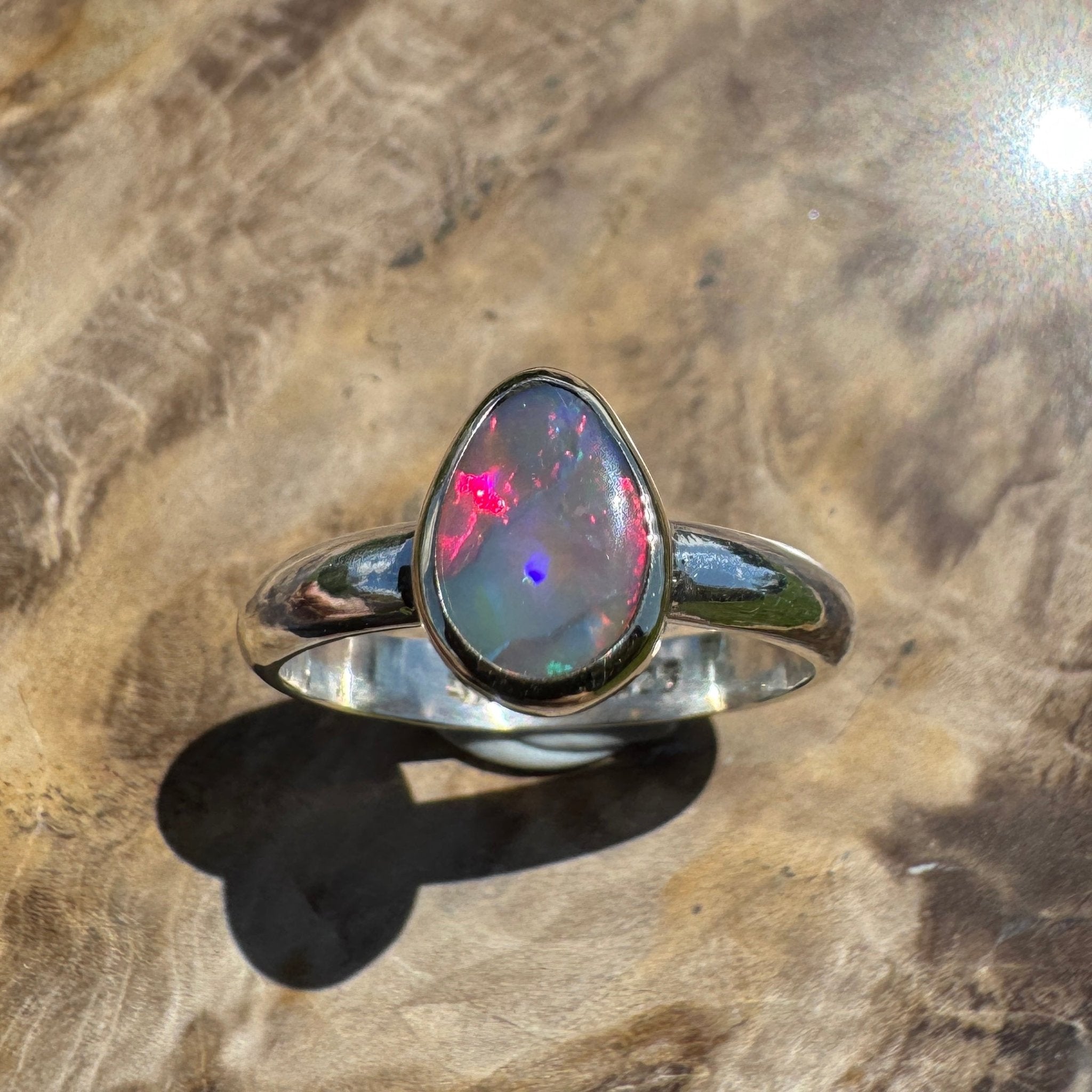 Jervis Bay Sunset - 0.6ct Solid Lightning Ridge Semi Black Opal Two - Tone 9ct Gold & 925 Sterling Silver Ring