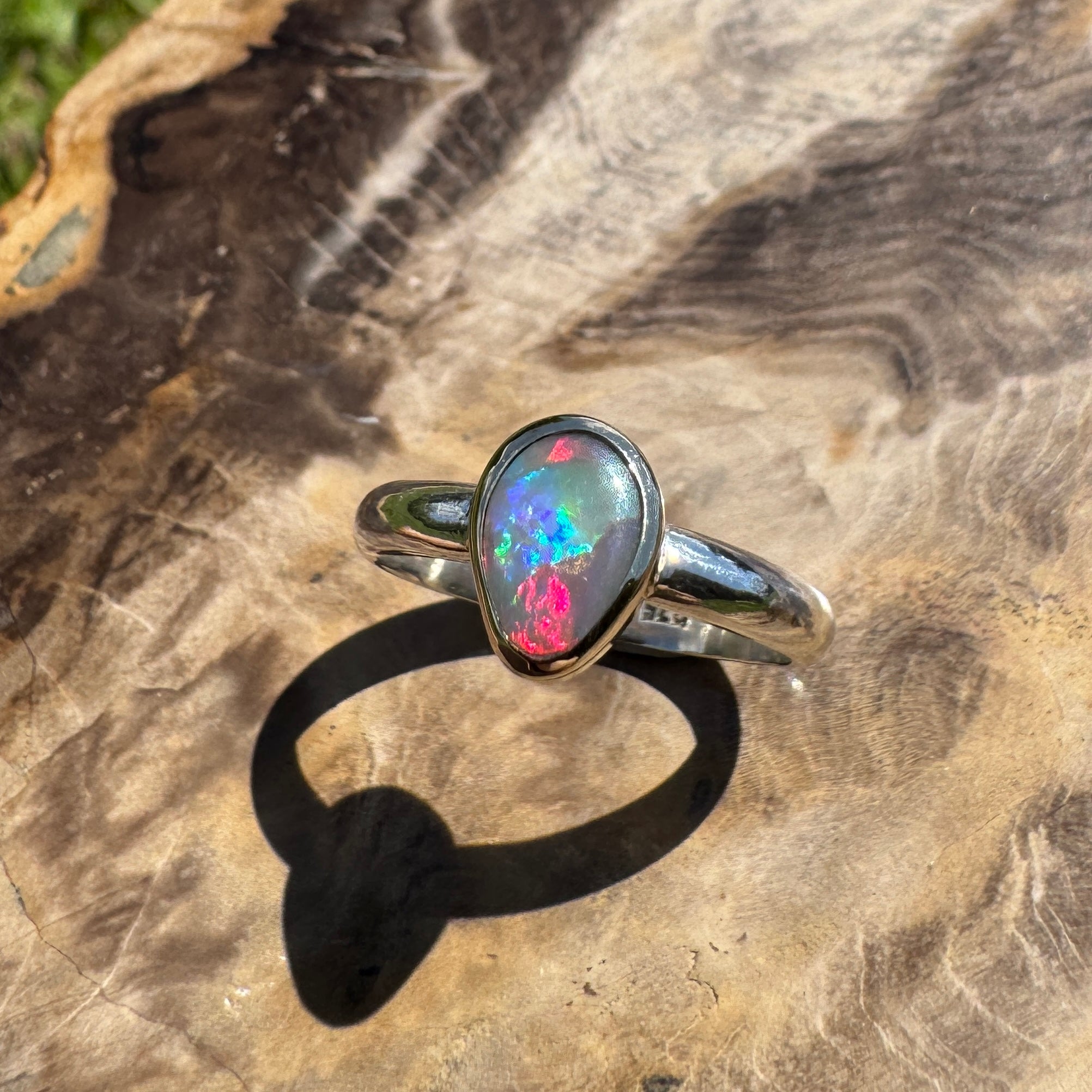 Jervis Bay Sunset - 0.6ct Solid Lightning Ridge Semi Black Opal Two - Tone 9ct Gold & 925 Sterling Silver Ring