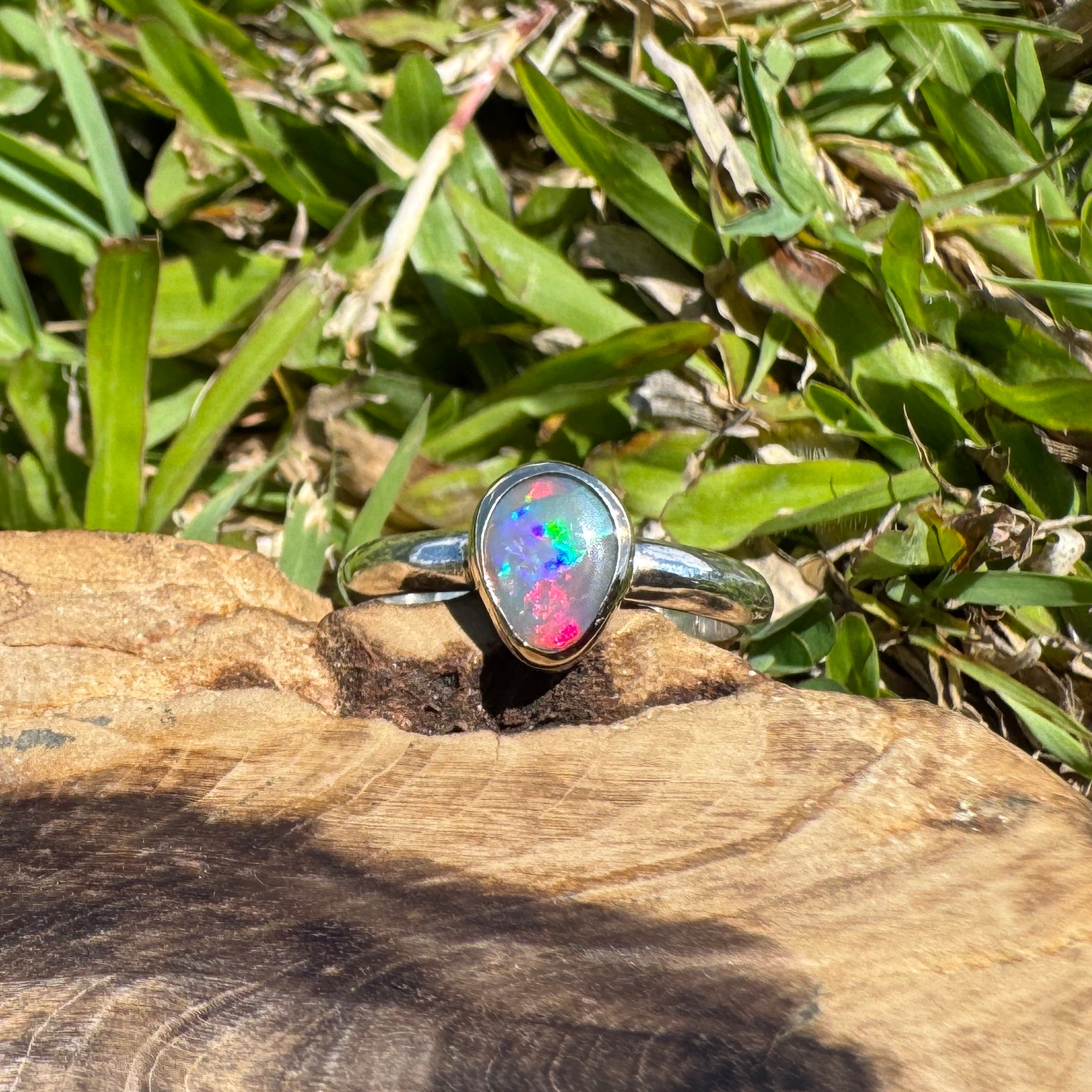 Jervis Bay Sunset - 0.6ct Solid Lightning Ridge Semi Black Opal Two - Tone 9ct Gold & 925 Sterling Silver Ring