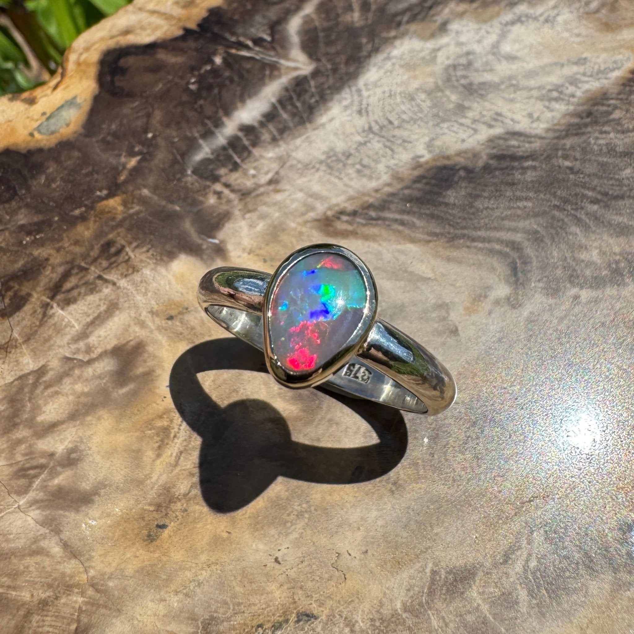 Jervis Bay Sunset - 0.6ct Solid Lightning Ridge Semi Black Opal Two - Tone 9ct Gold & 925 Sterling Silver Ring