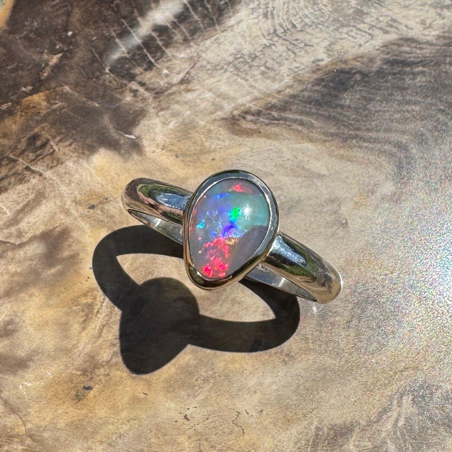 Jervis Bay Sunset - 0.6ct Solid Lightning Ridge Semi Black Opal Two - Tone 9ct Gold & 925 Sterling Silver Ring
