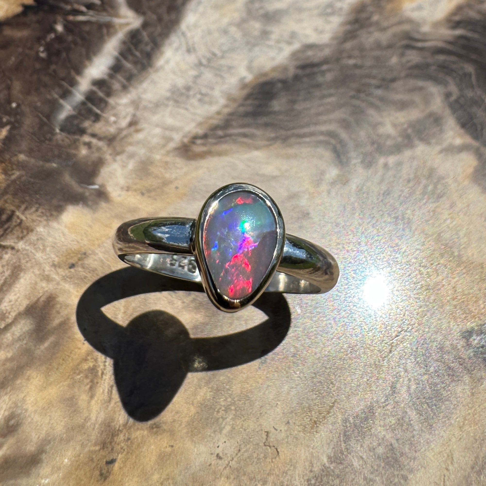 Jervis Bay Sunset - 0.6ct Solid Lightning Ridge Semi Black Opal Two - Tone 9ct Gold & 925 Sterling Silver Ring