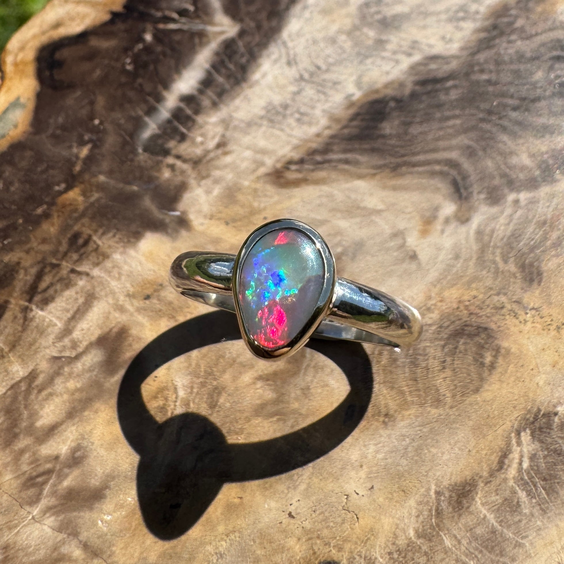 Jervis Bay Sunset - 0.6ct Solid Lightning Ridge Semi Black Opal Two - Tone 9ct Gold & 925 Sterling Silver Ring