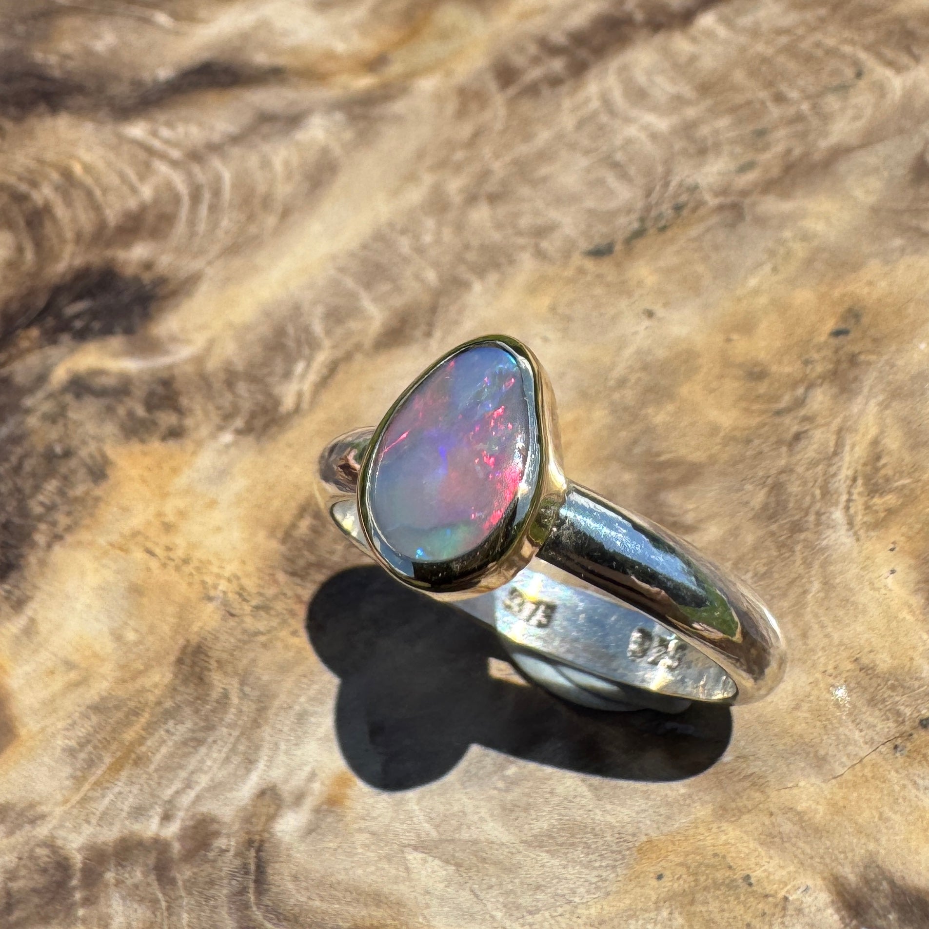 Jervis Bay Sunset - 0.6ct Solid Lightning Ridge Semi Black Opal Two - Tone 9ct Gold & 925 Sterling Silver Ring