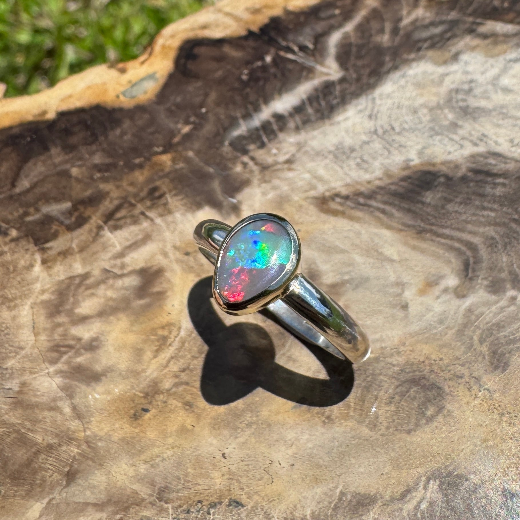 Jervis Bay Sunset - 0.6ct Solid Lightning Ridge Semi Black Opal Two - Tone 9ct Gold & 925 Sterling Silver Ring