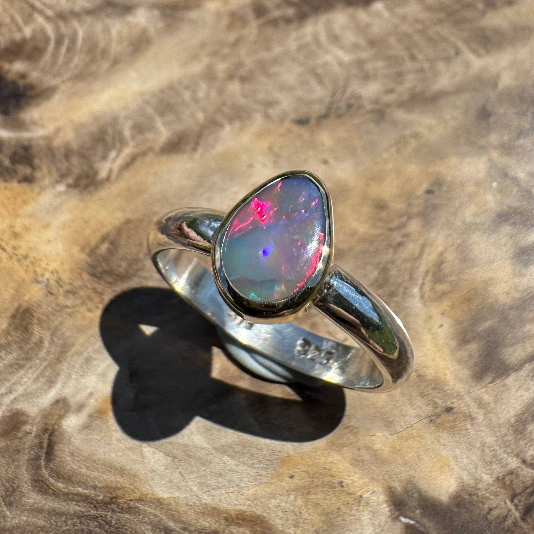 Jervis Bay Sunset - 0.6ct Solid Lightning Ridge Semi Black Opal Two - Tone 9ct Gold & 925 Sterling Silver Ring