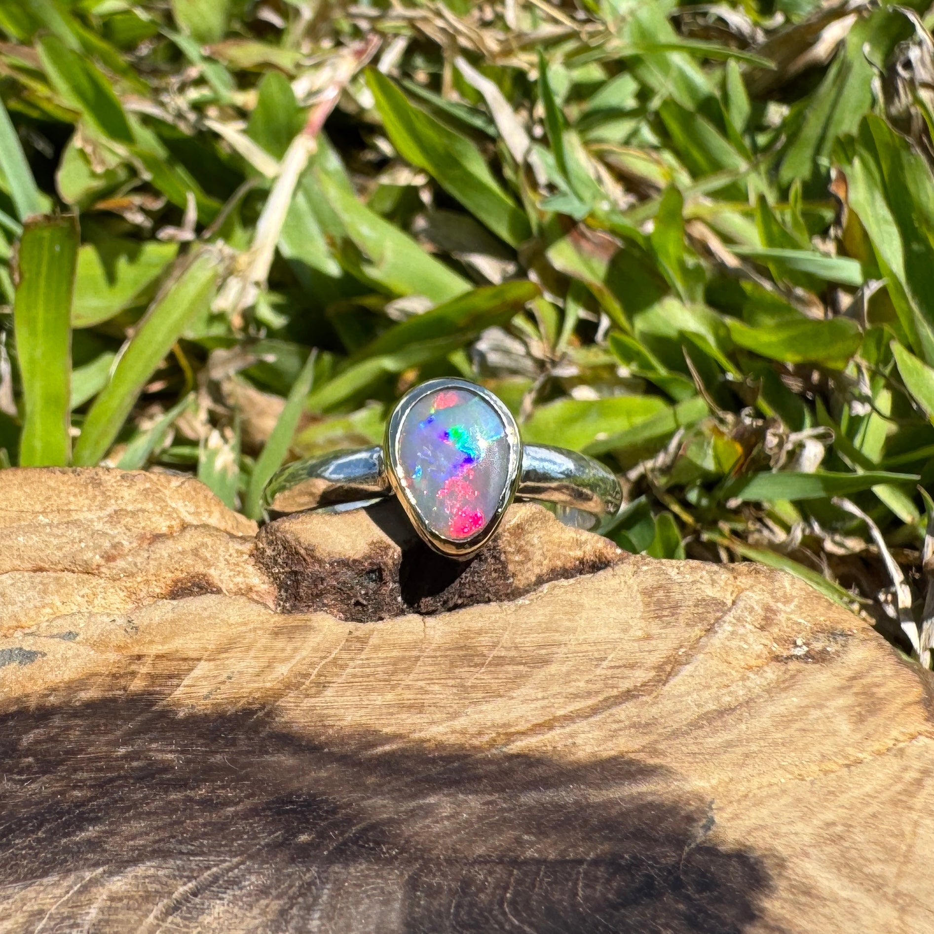 Jervis Bay Sunset - 0.6ct Solid Lightning Ridge Semi Black Opal Two - Tone 9ct Gold & 925 Sterling Silver Ring