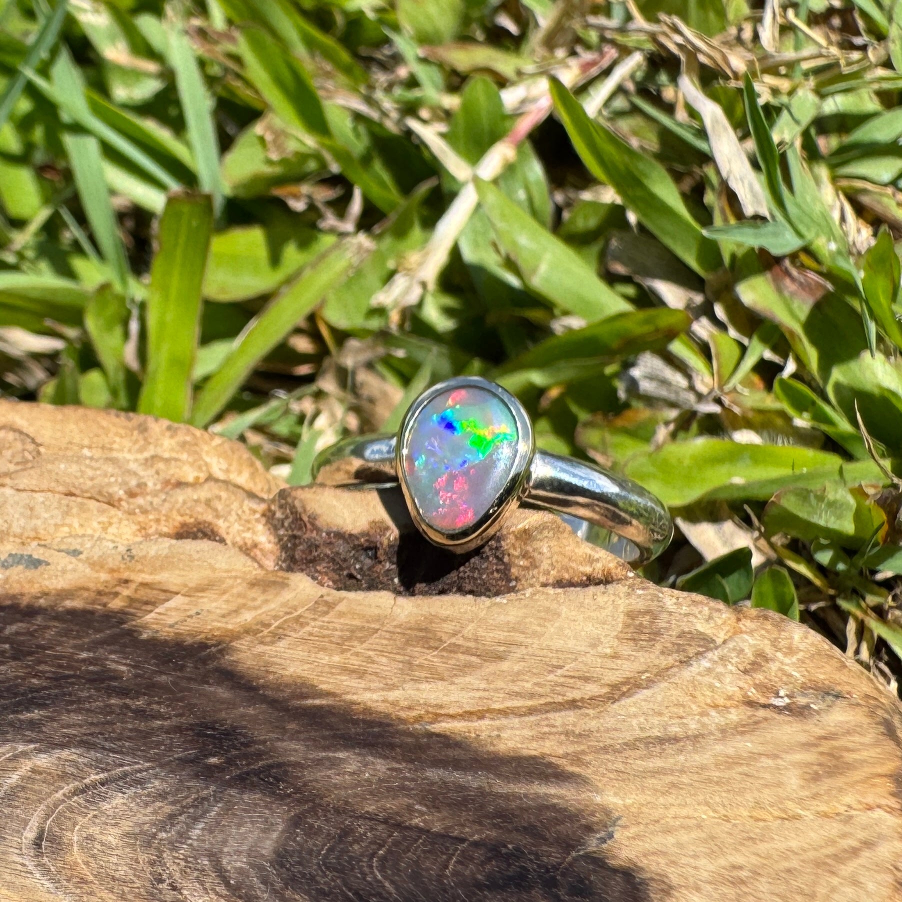 Jervis Bay Sunset - 0.6ct Solid Lightning Ridge Semi Black Opal Two - Tone 9ct Gold & 925 Sterling Silver Ring