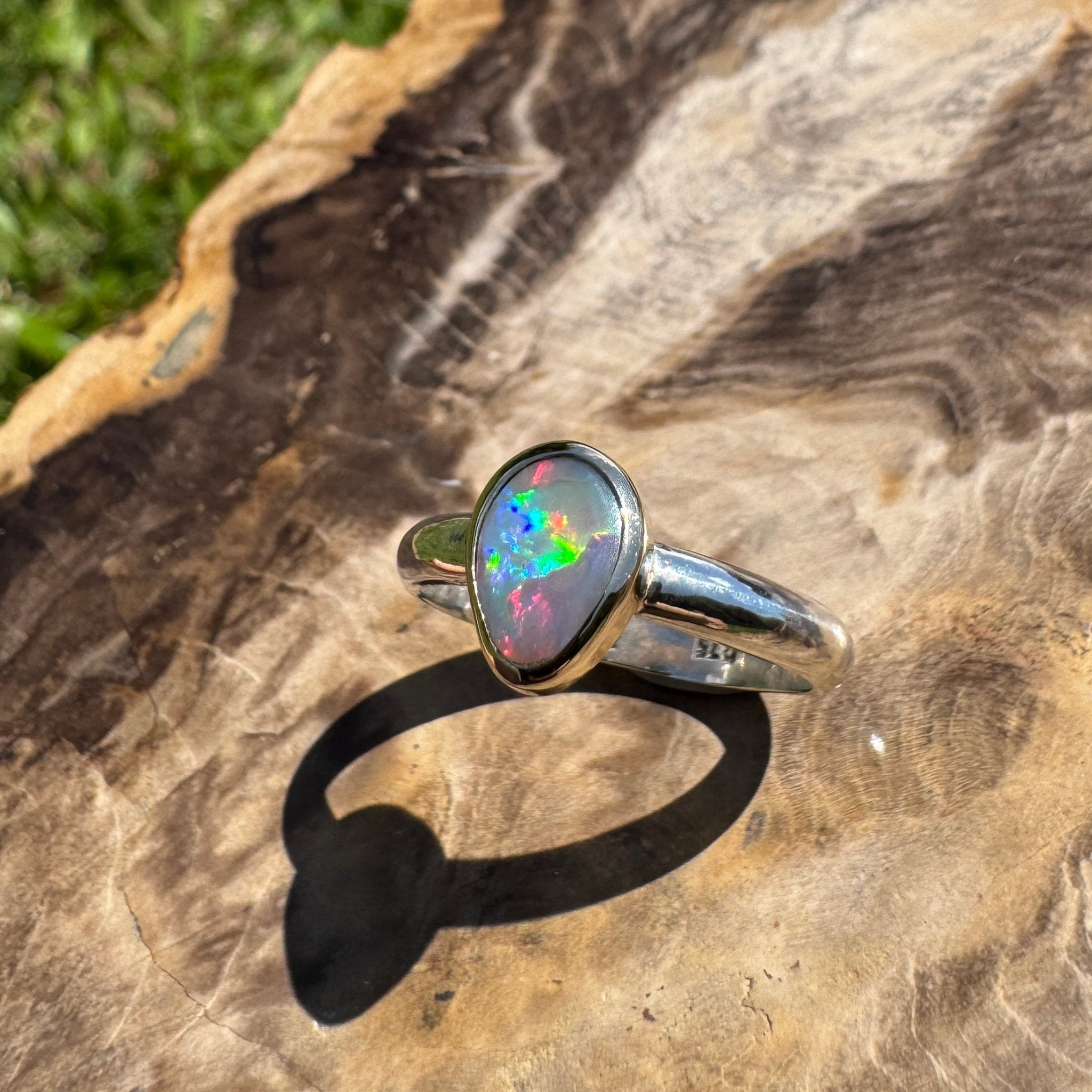 Jervis Bay Sunset - 0.6ct Solid Lightning Ridge Semi Black Opal Two - Tone 9ct Gold & 925 Sterling Silver Ring
