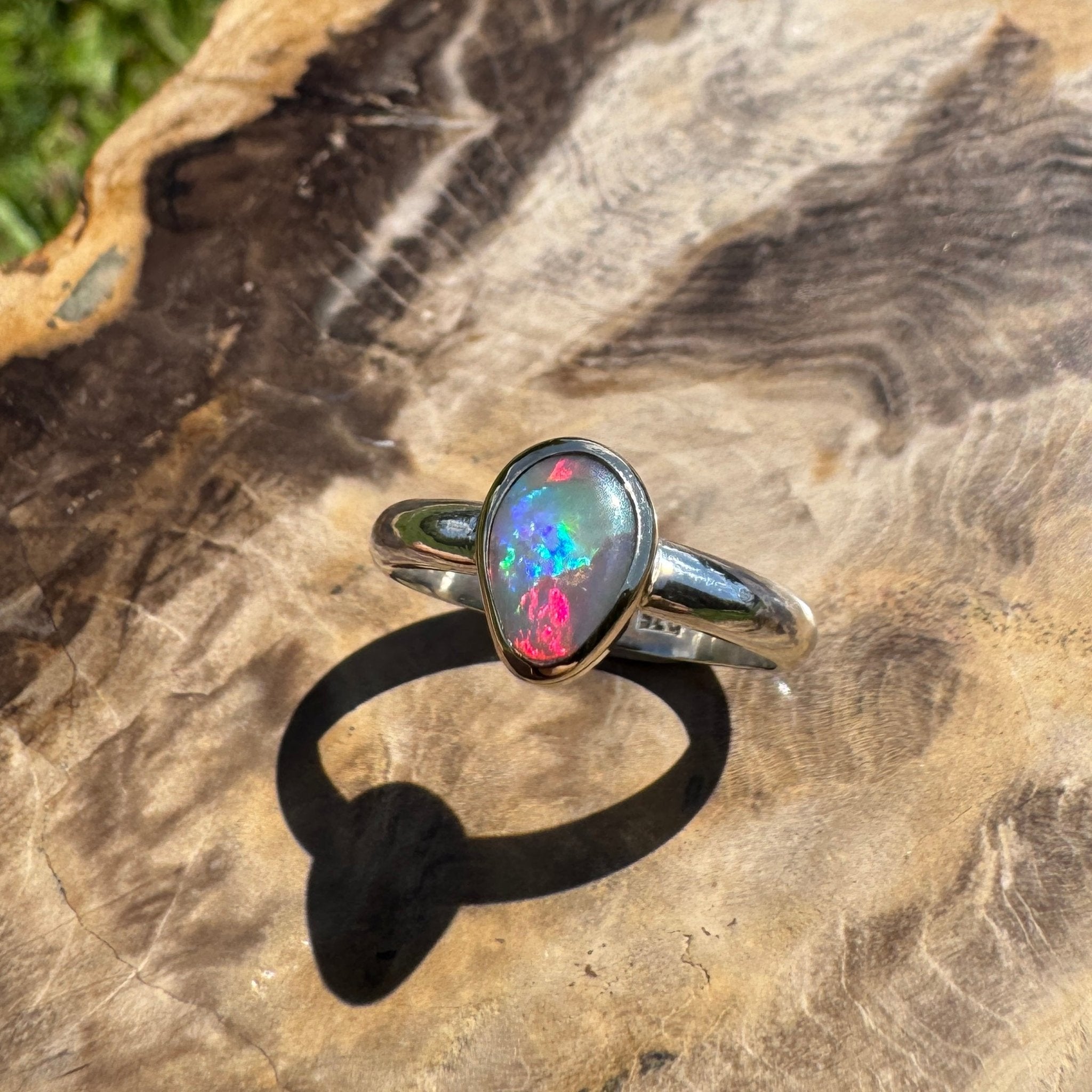 Jervis Bay Sunset - 0.6ct Solid Lightning Ridge Semi Black Opal Two - Tone 9ct Gold & 925 Sterling Silver Ring