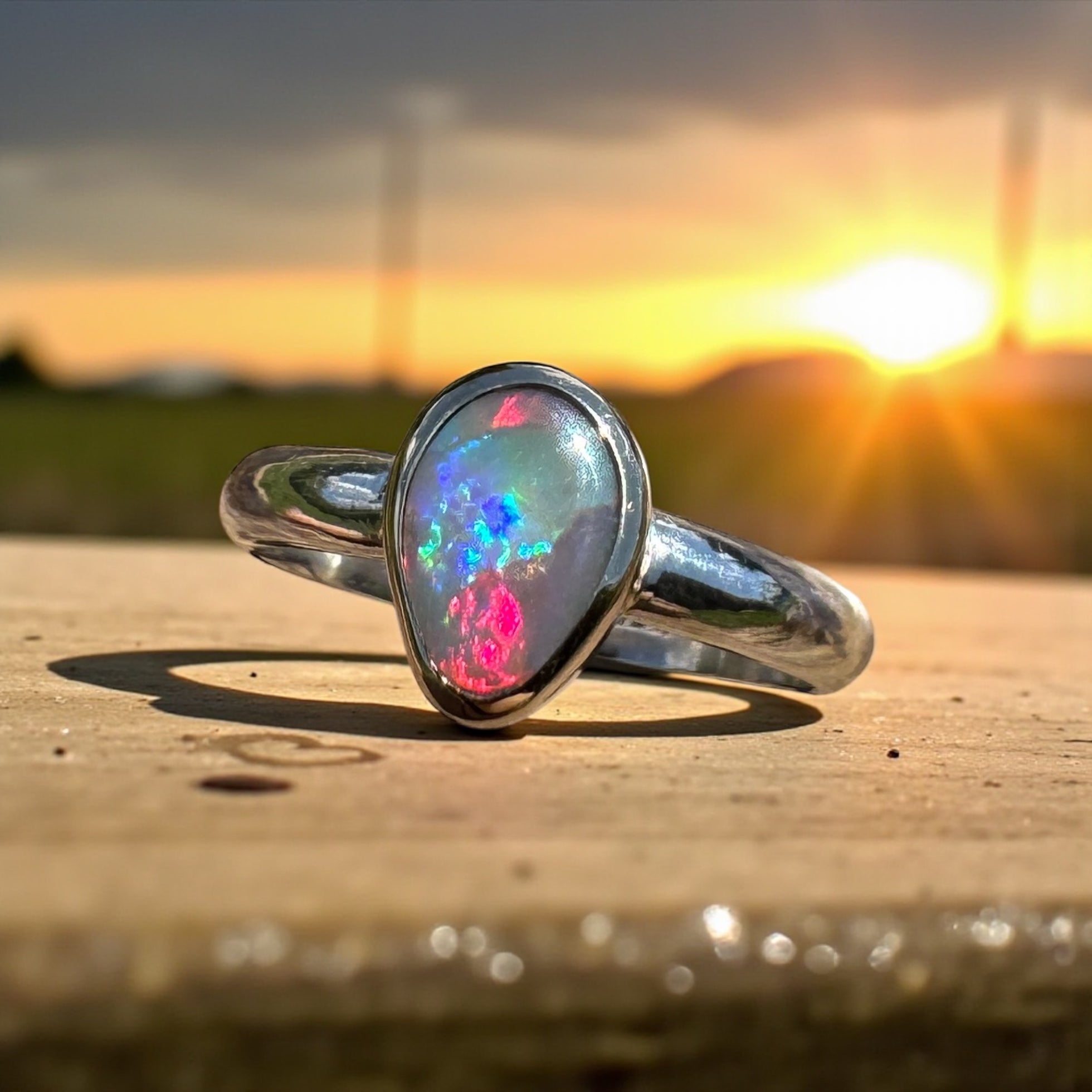 Jervis Bay Sunset - 0.6ct Solid Lightning Ridge Semi Black Opal Two - Tone 9ct Gold & 925 Sterling Silver Ring