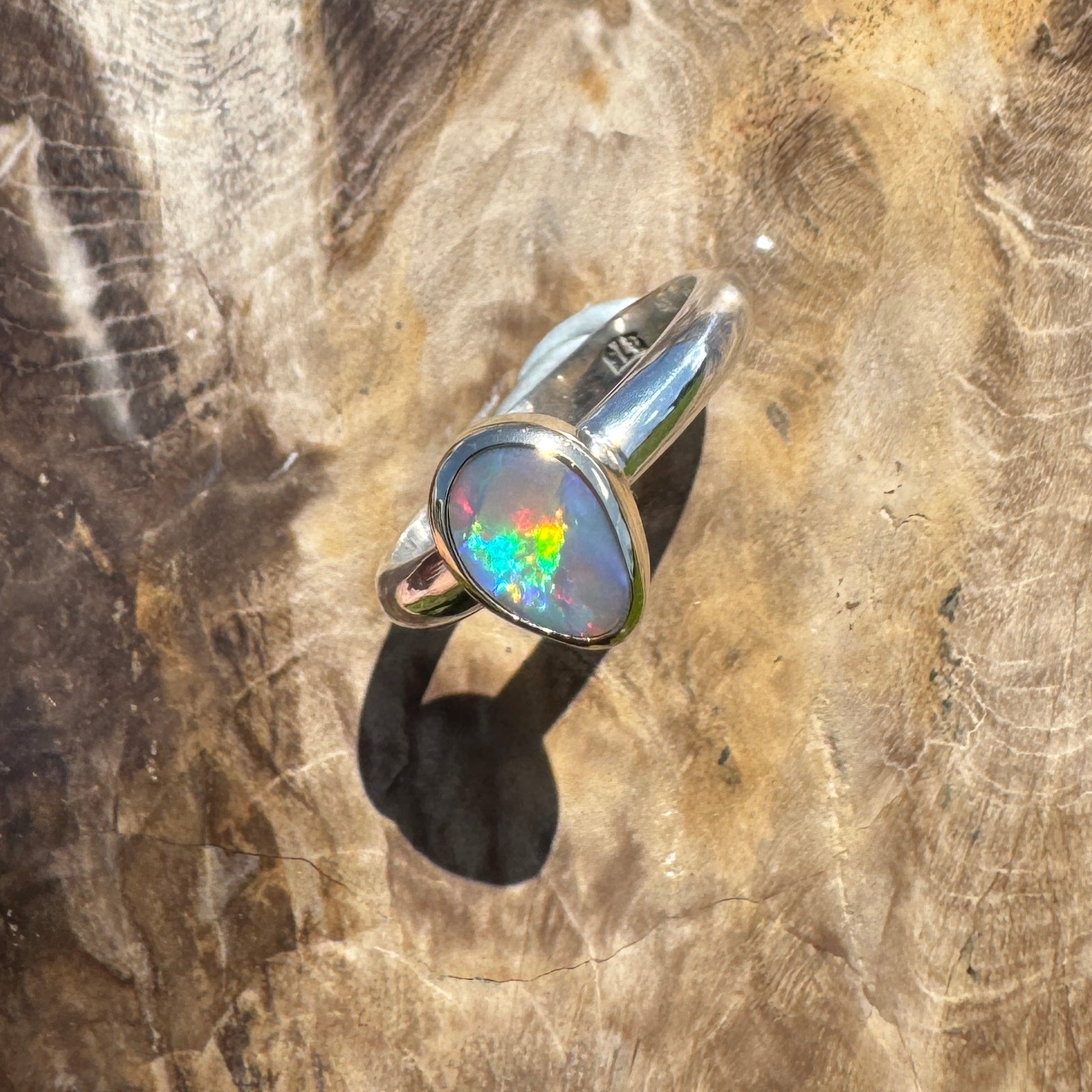Jervis Bay Sunset - 0.6ct Solid Lightning Ridge Semi Black Opal Two - Tone 9ct Gold & 925 Sterling Silver Ring