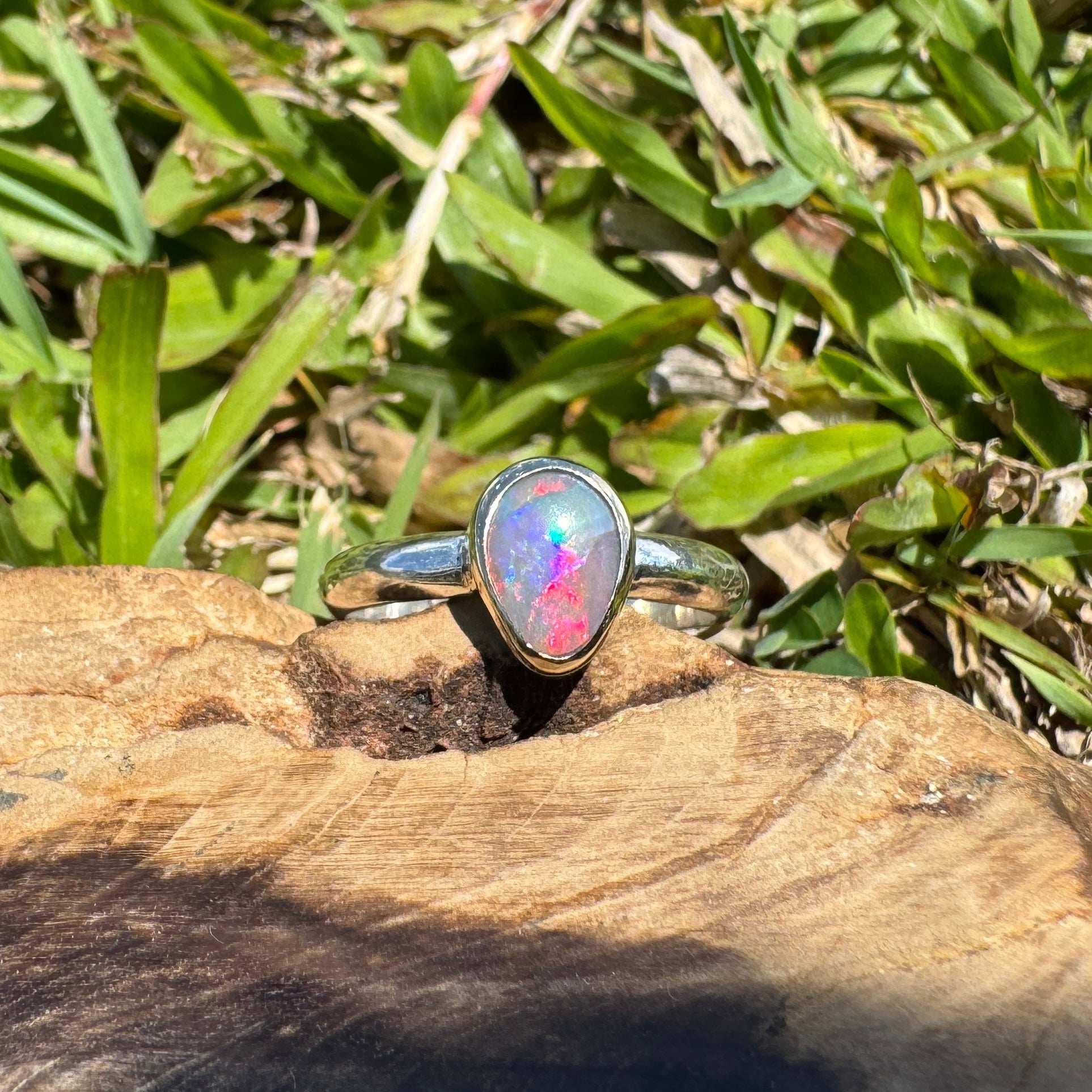 Jervis Bay Sunset - 0.6ct Solid Lightning Ridge Semi Black Opal Two - Tone 9ct Gold & 925 Sterling Silver Ring