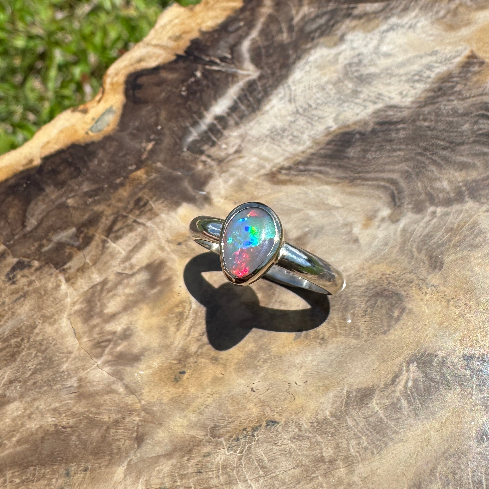 Jervis Bay Sunset - 0.6ct Solid Lightning Ridge Semi Black Opal Two - Tone 9ct Gold & 925 Sterling Silver Ring