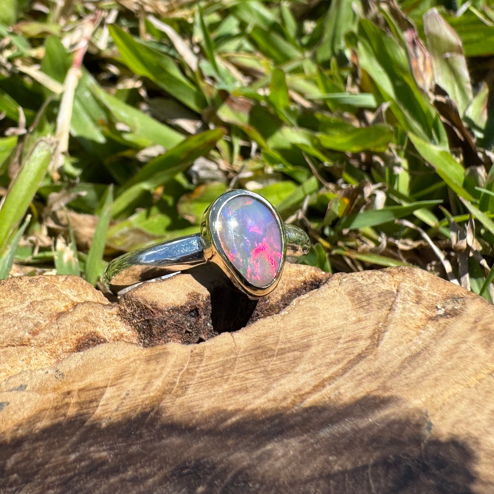 Jervis Bay Sunset - 0.6ct Solid Lightning Ridge Semi Black Opal Two - Tone 9ct Gold & 925 Sterling Silver Ring