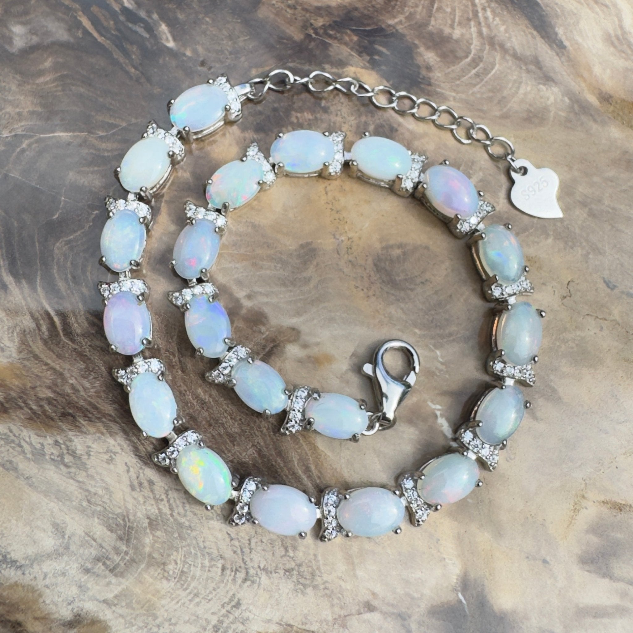 Karijini Azure ~ 6ct Coober Pedy Opal and Cubic Zirconia 925 Sterling Silver Bracelet