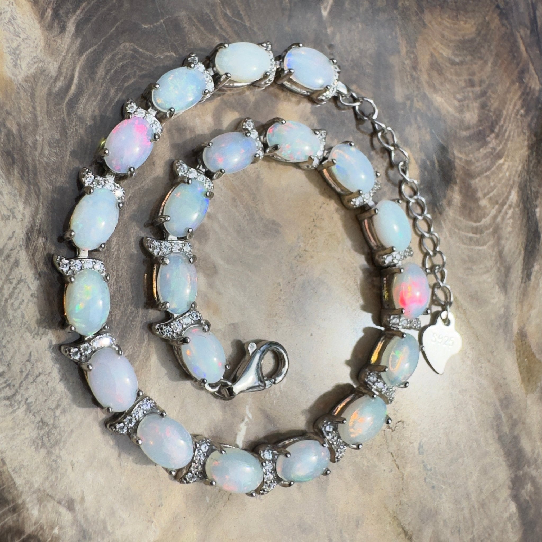 Karijini Azure ~ 6ct Coober Pedy Opal and Cubic Zirconia 925 Sterling Silver Bracelet