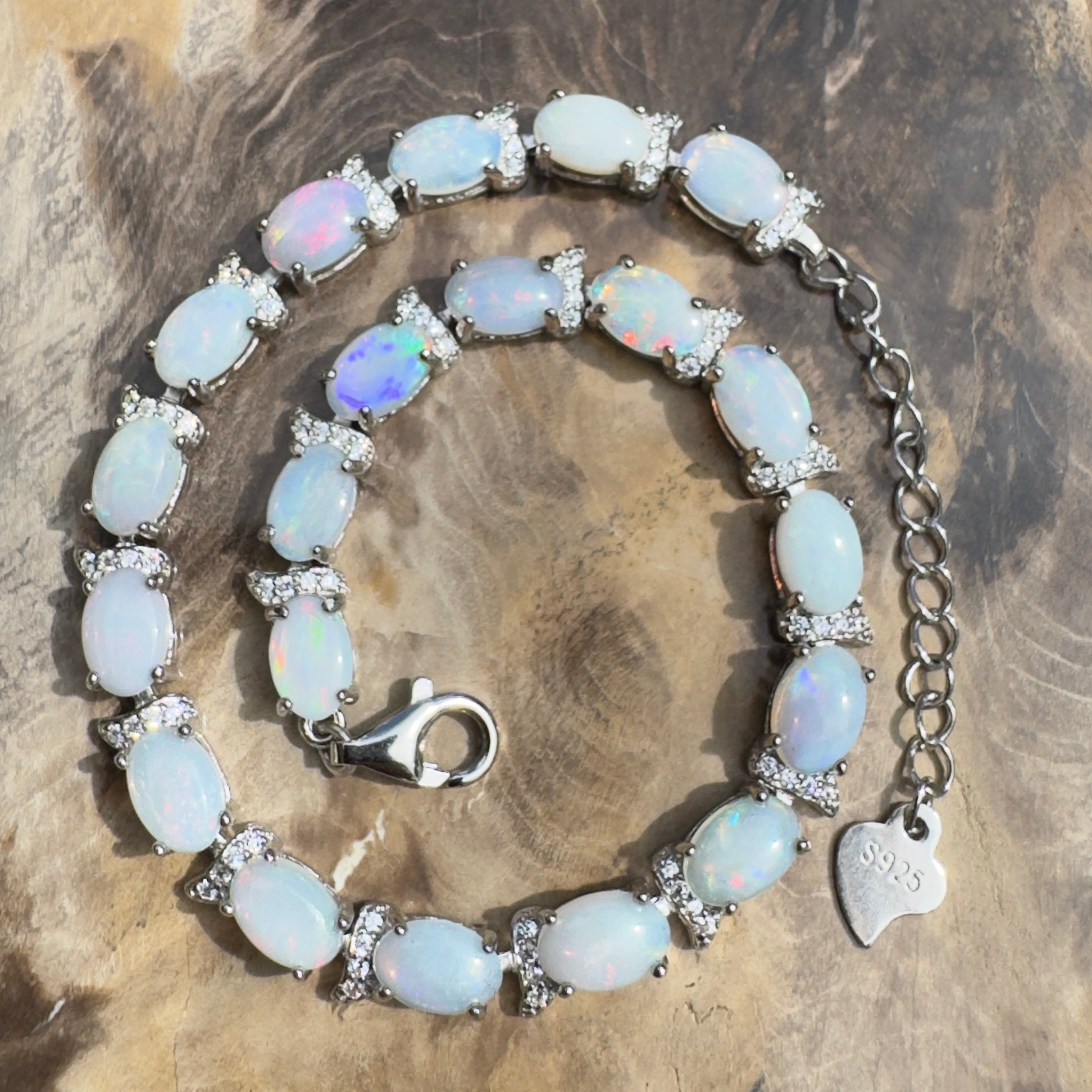 Karijini Azure ~ 6ct Coober Pedy Opal and Cubic Zirconia 925 Sterling Silver Bracelet