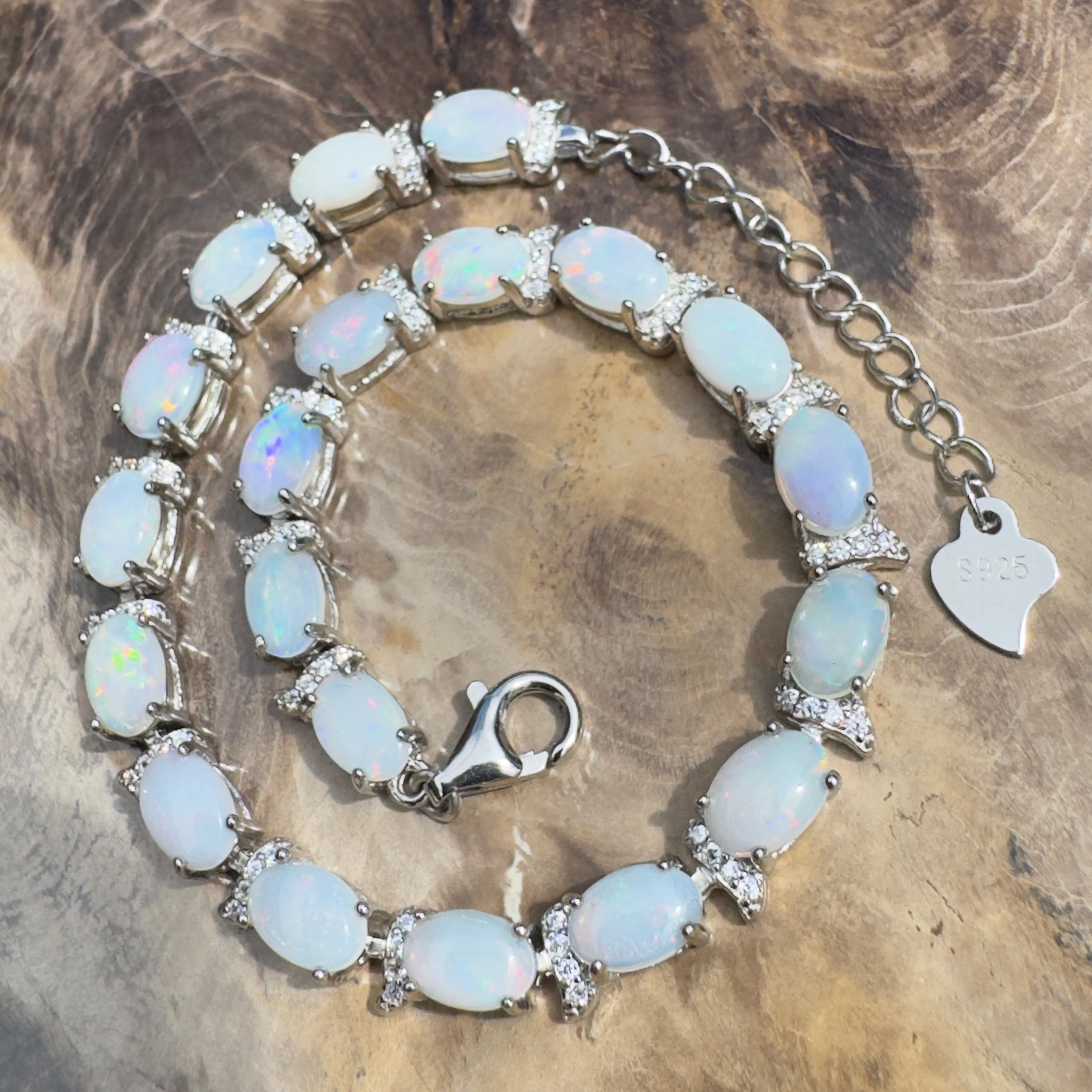 Karijini Azure ~ 6ct Coober Pedy Opal and Cubic Zirconia 925 Sterling Silver Bracelet