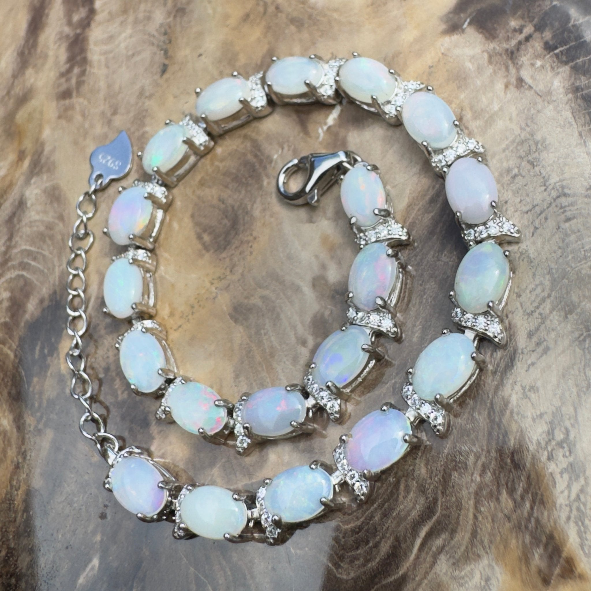 Karijini Azure ~ 6ct Coober Pedy Opal and Cubic Zirconia 925 Sterling Silver Bracelet