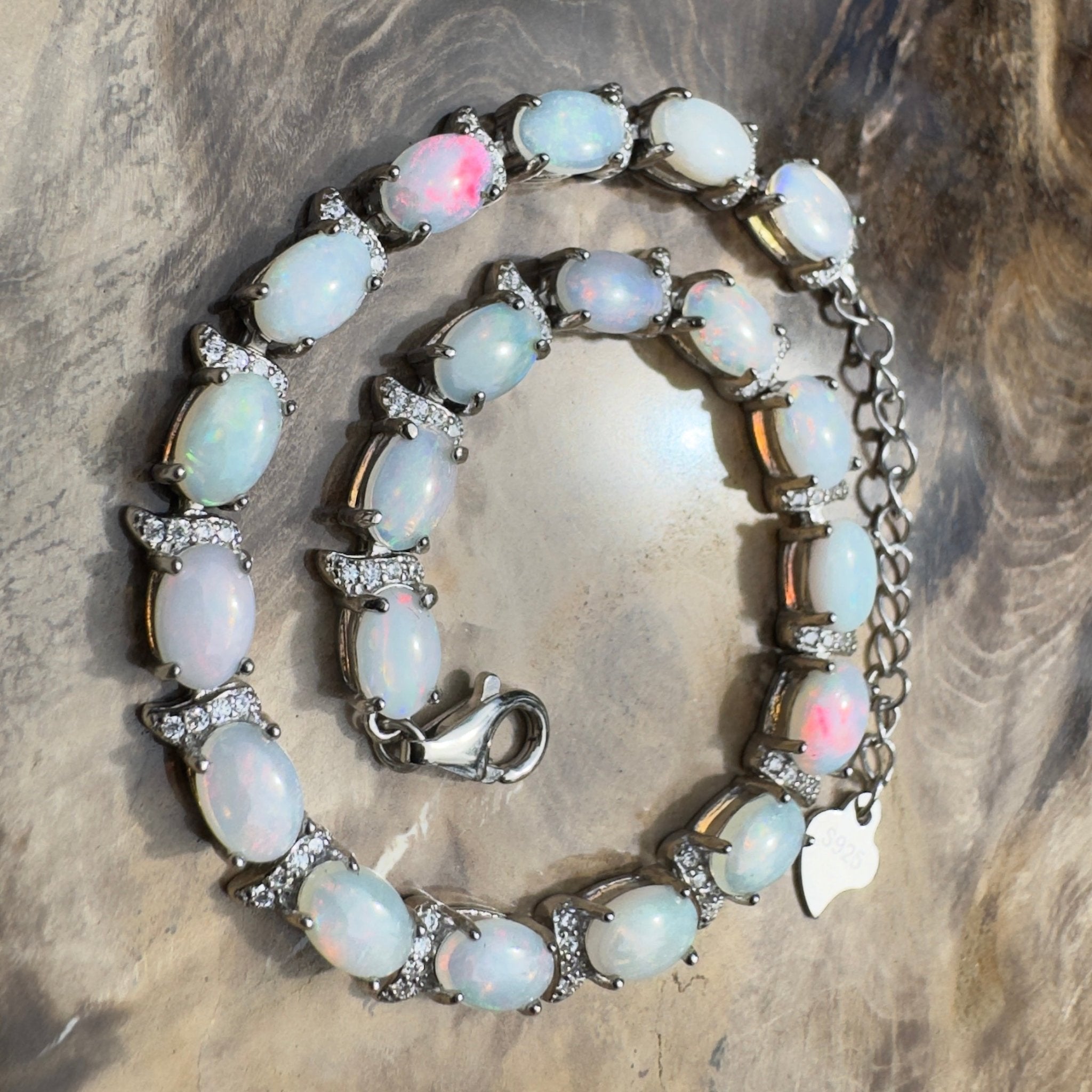 Karijini Azure ~ 6ct Coober Pedy Opal and Cubic Zirconia 925 Sterling Silver Bracelet