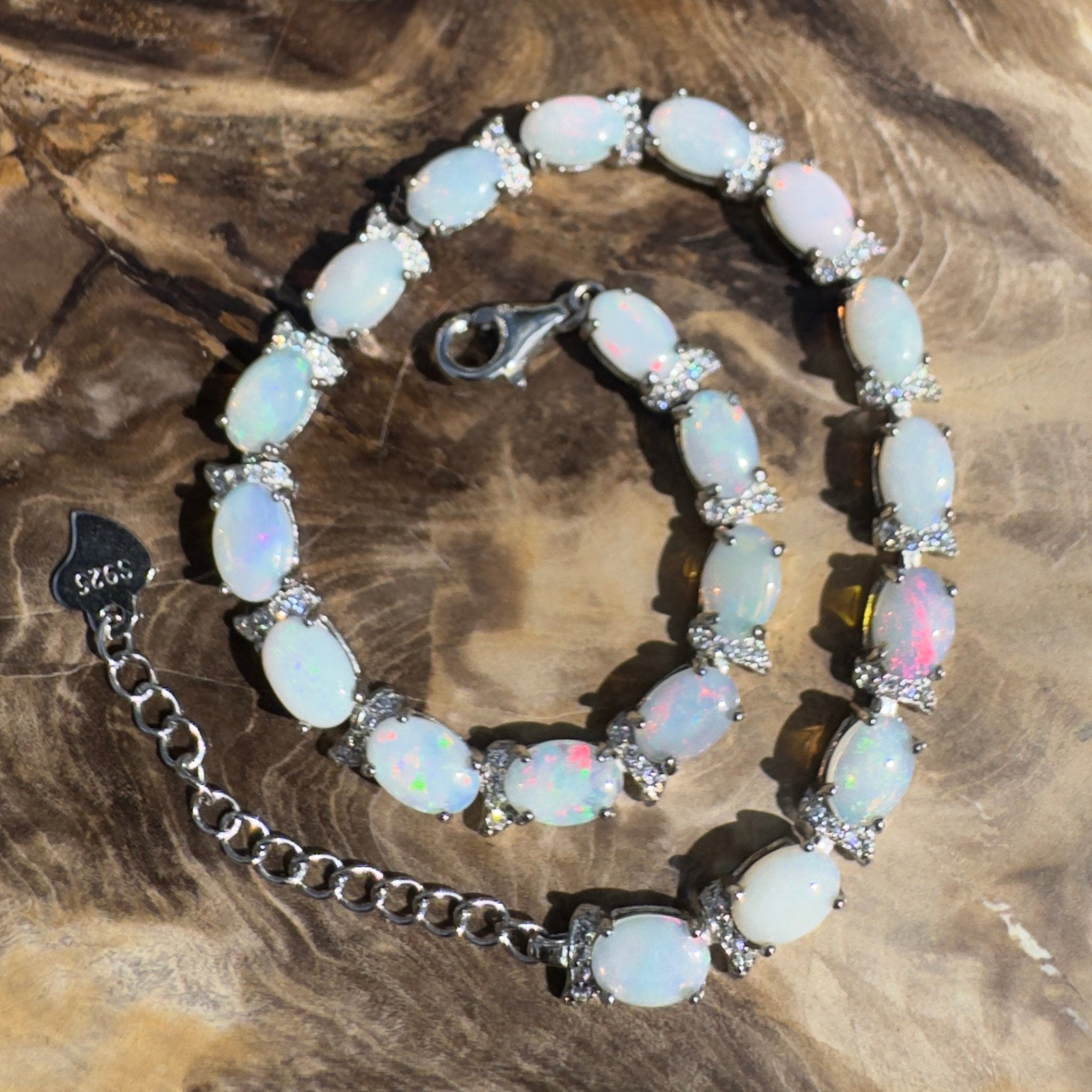 Karijini Azure ~ 6ct Coober Pedy Opal and Cubic Zirconia 925 Sterling Silver Bracelet