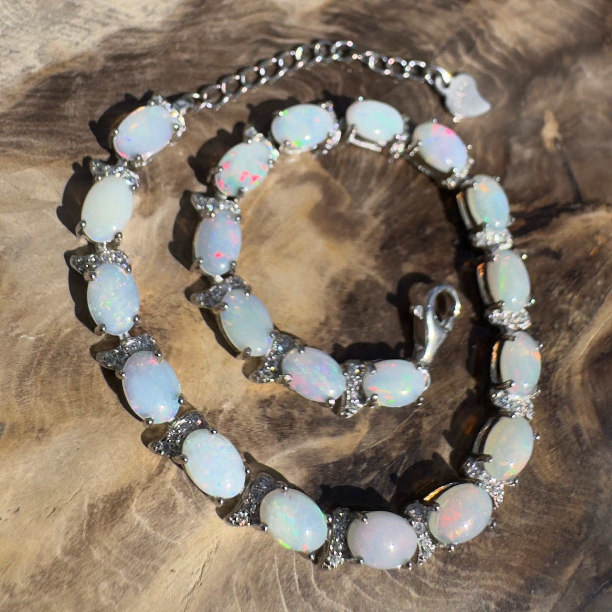 Karijini Azure ~ 6ct Coober Pedy Opal and Cubic Zirconia 925 Sterling Silver Bracelet