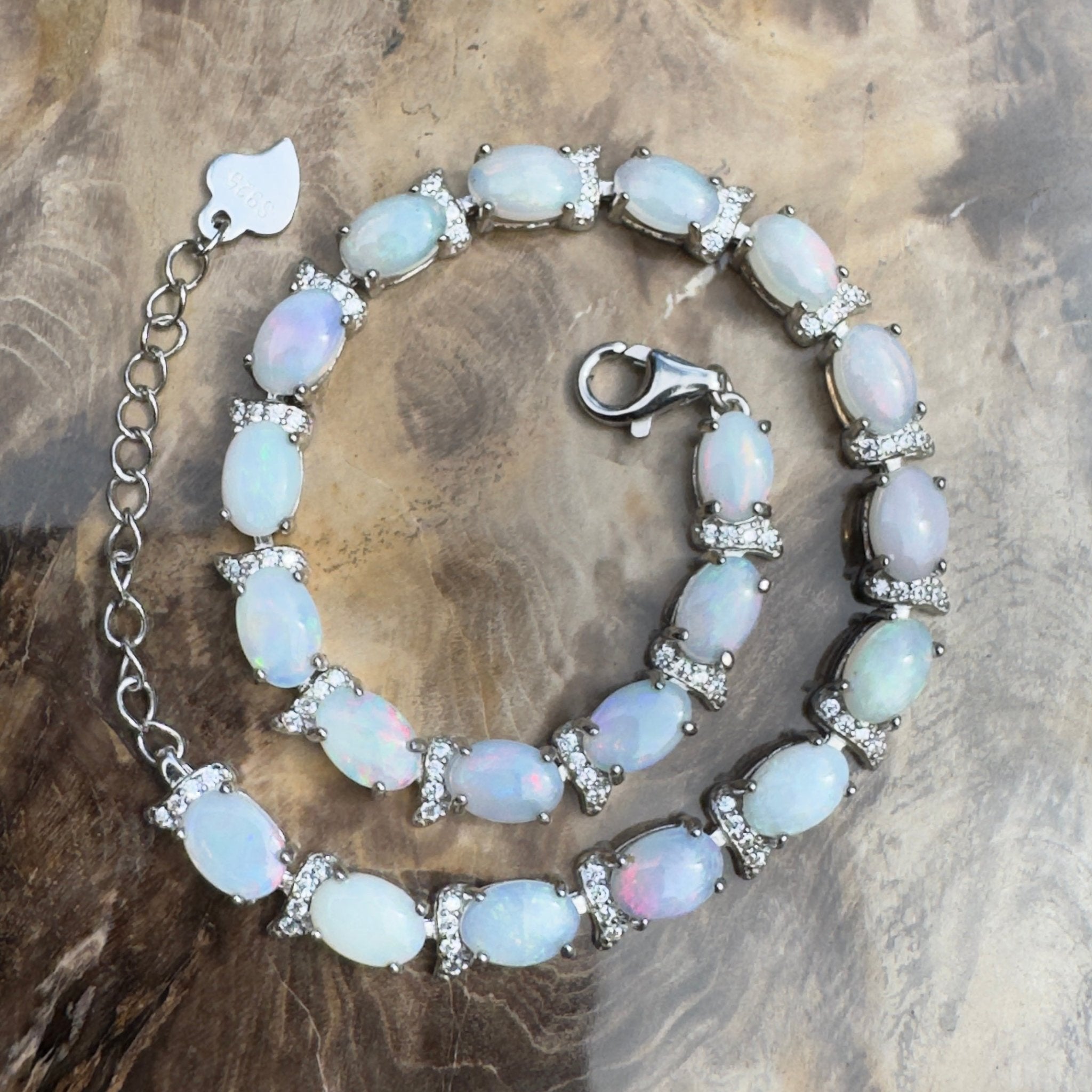 Karijini Azure ~ 6ct Coober Pedy Opal and Cubic Zirconia 925 Sterling Silver Bracelet