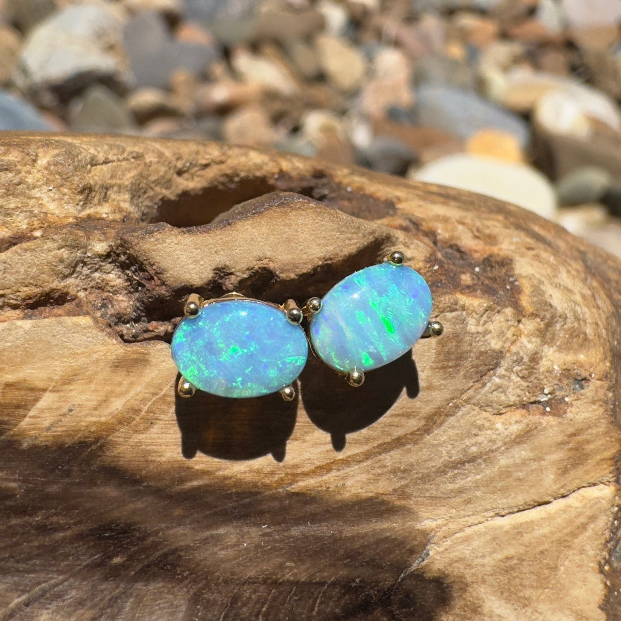Kiama Tidepair ~ 1.6ct Lightning Ridge Opal 925 Silver Gold Coated Stud Earrings
