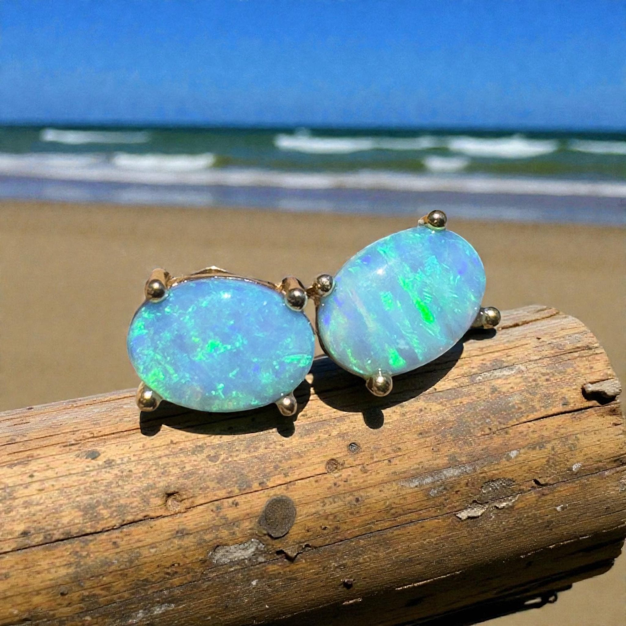 Kiama Tidepair ~ 1.6ct Lightning Ridge Opal 925 Silver Gold Coated Stud Earrings