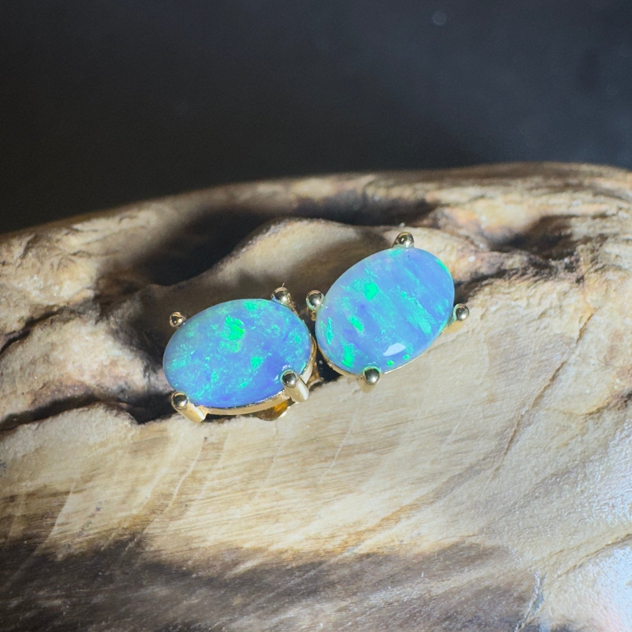 Kiama Tidepair ~ 1.6ct Lightning Ridge Opal 925 Silver Gold Coated Stud Earrings
