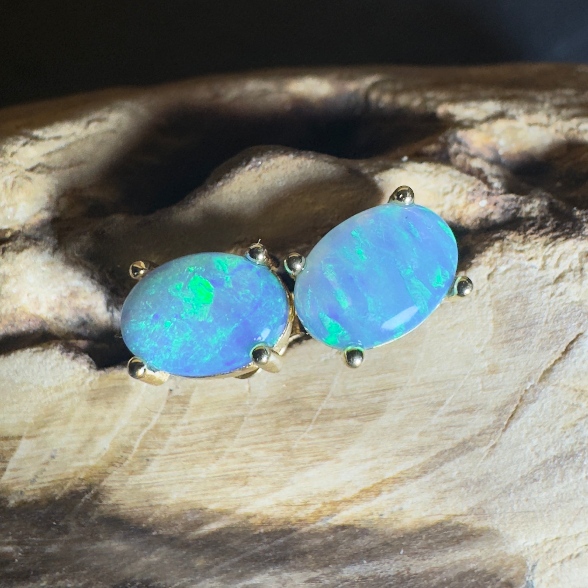 Kiama Tidepair ~ 1.6ct Lightning Ridge Opal 925 Silver Gold Coated Stud Earrings