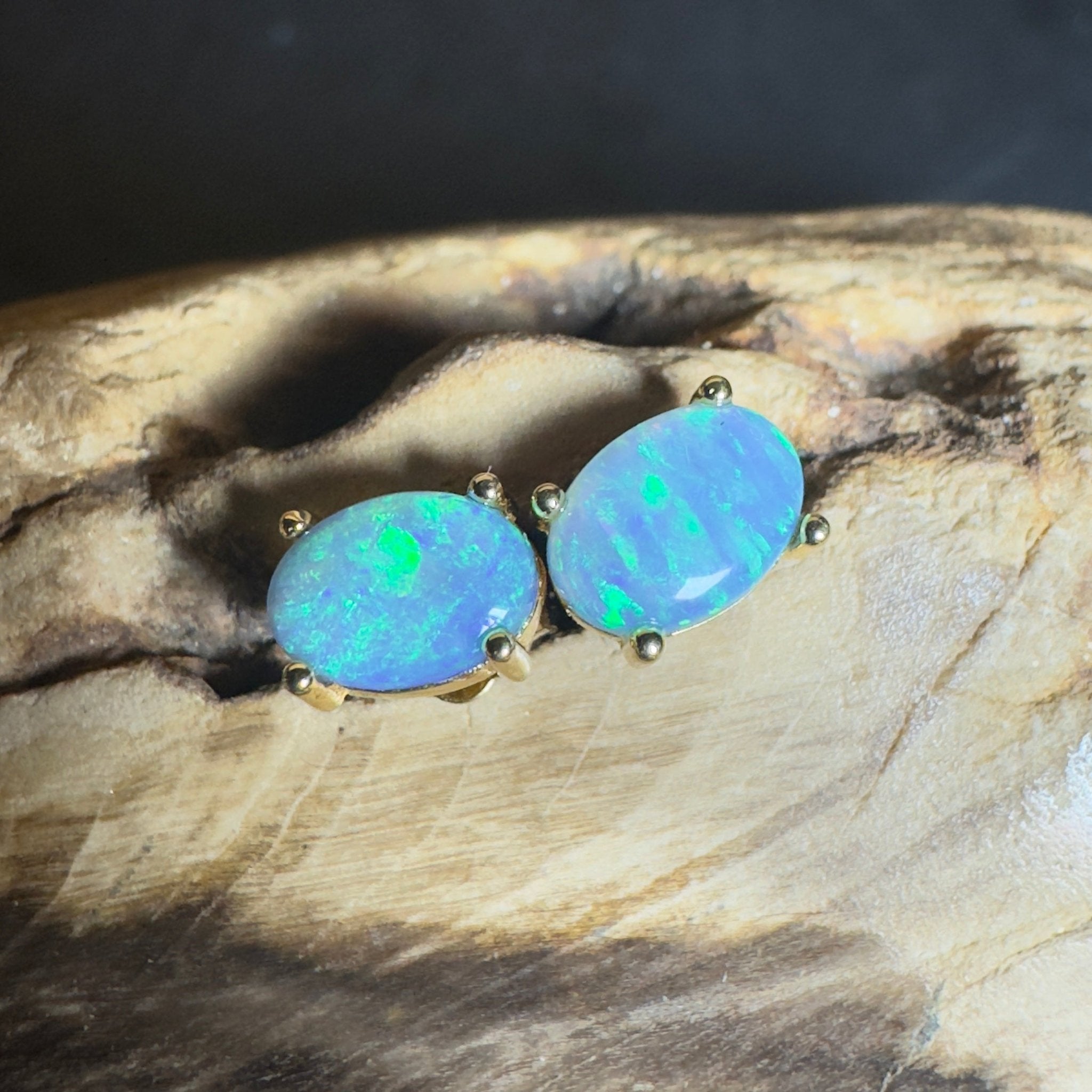 Kiama Tidepair ~ 1.6ct Lightning Ridge Opal 925 Silver Gold Coated Stud Earrings